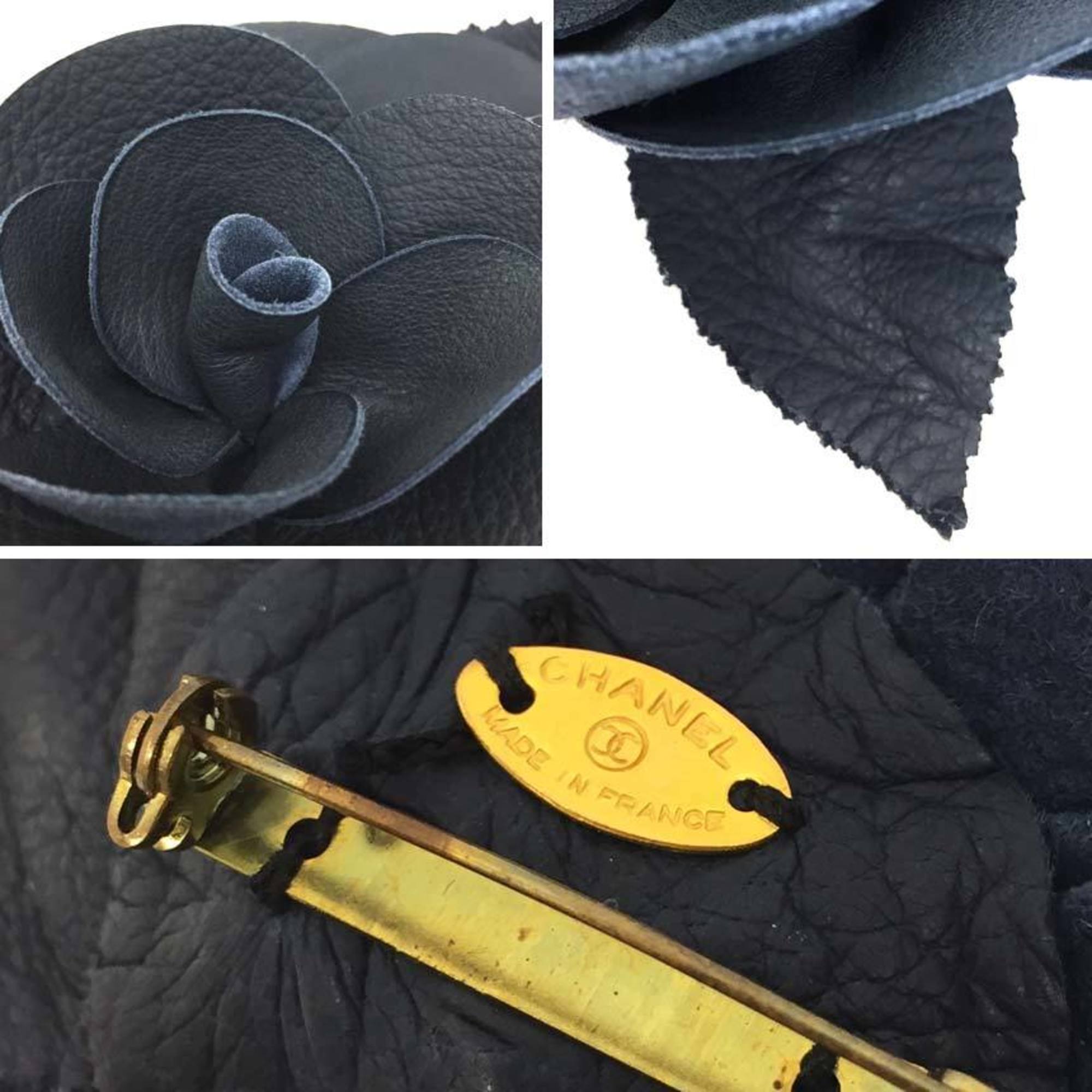 Camellia Corsage Brooch Leather Navy