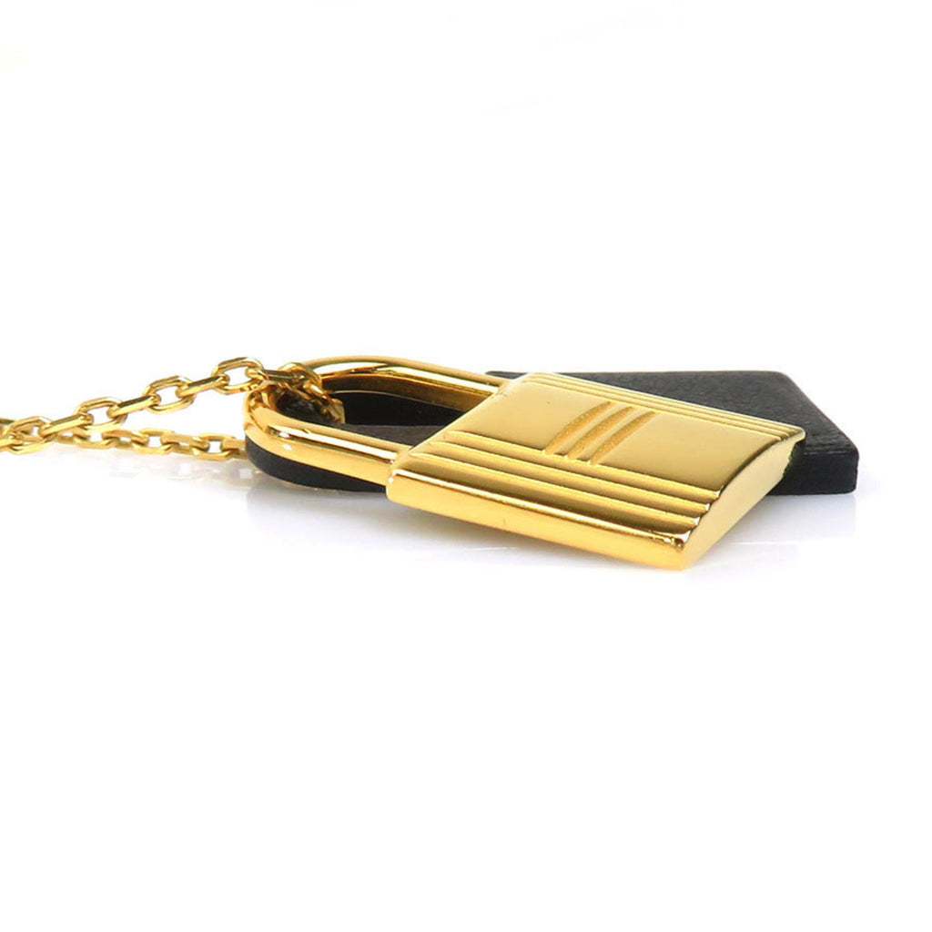 Pendant Necklace Metal and Swift Leather Black and Gold Mini