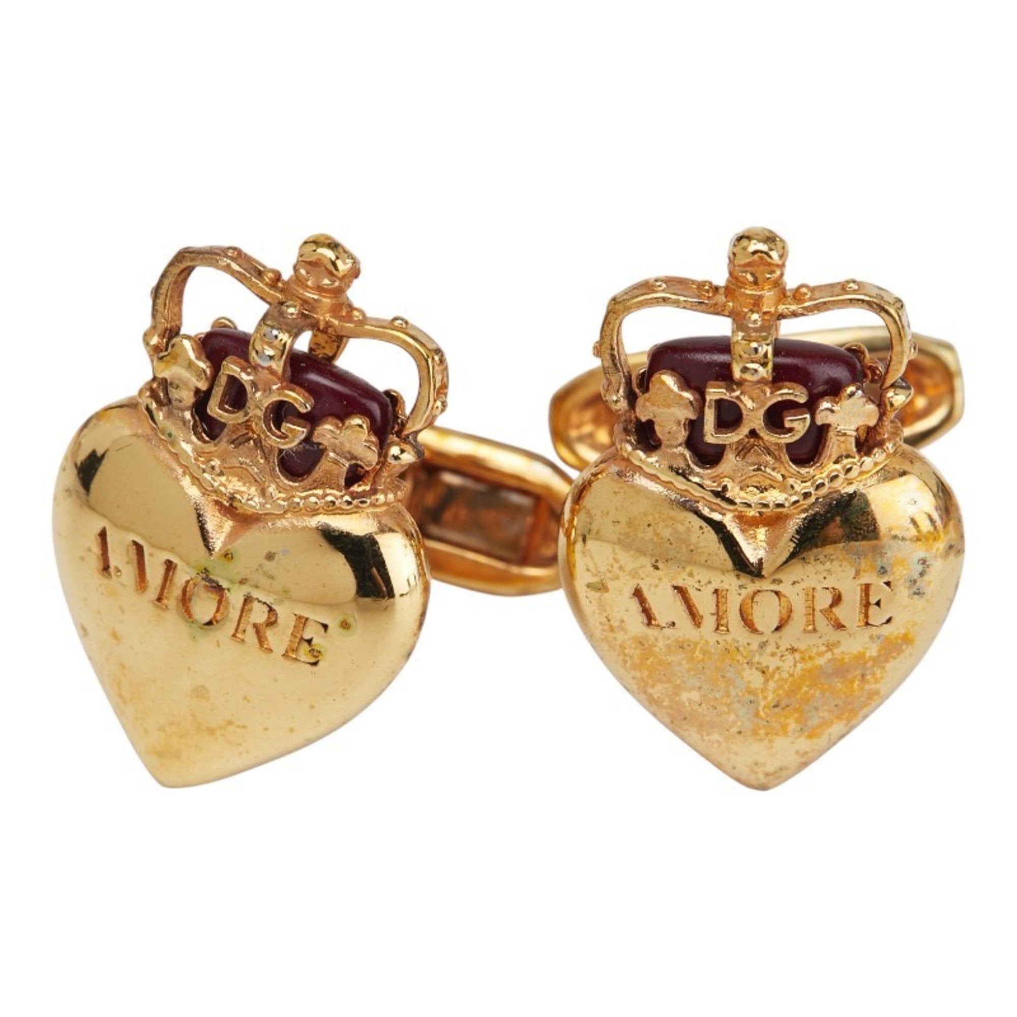 Amore Crown and Heart Motif Cufflinks Gold Red Plated Bracelet