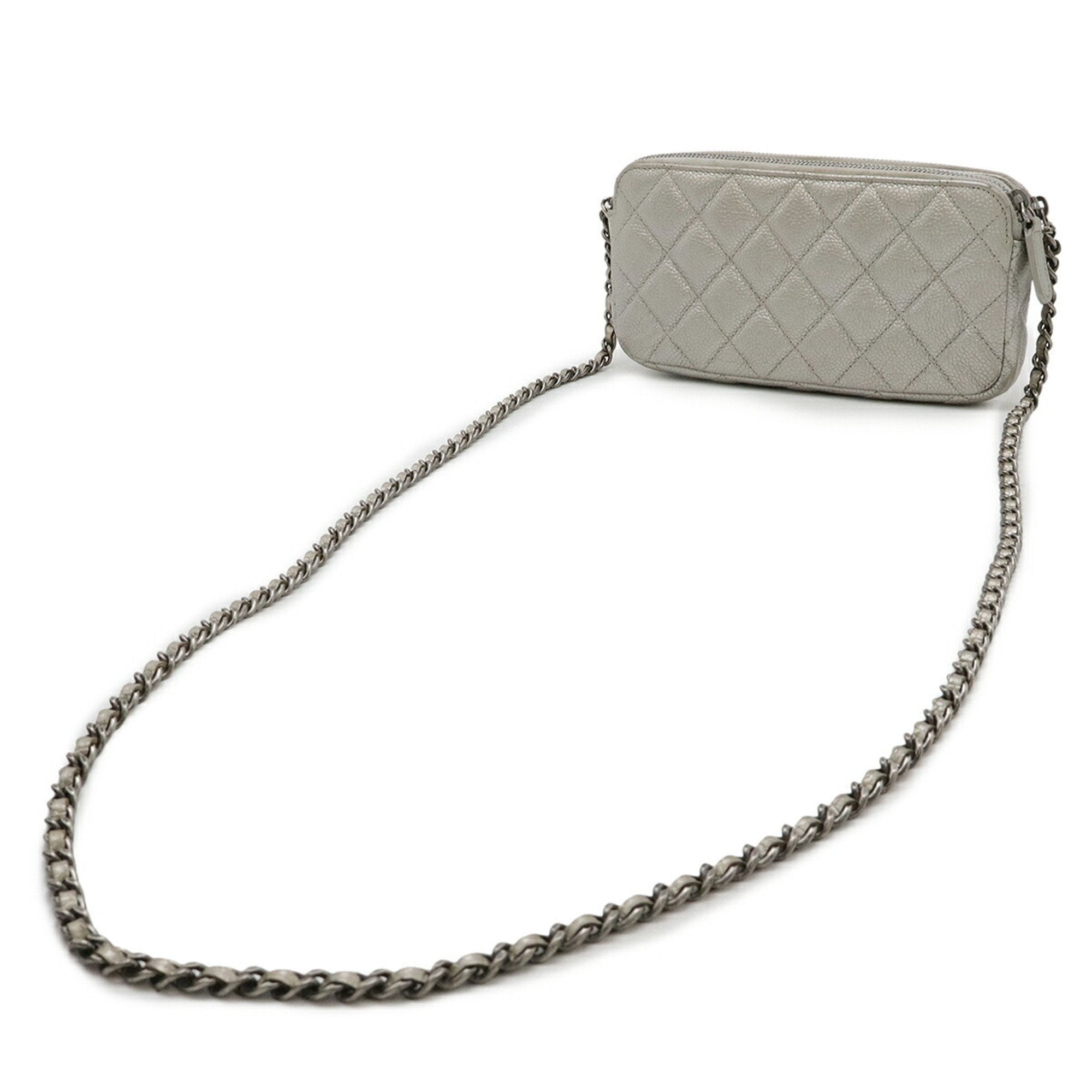 Double Zip Clutch with Chain Quilted Caviar
