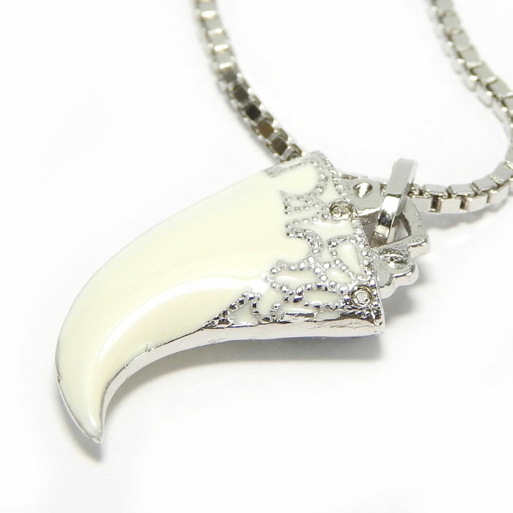 Fang Motif Pendant Necklace Metal Silver White