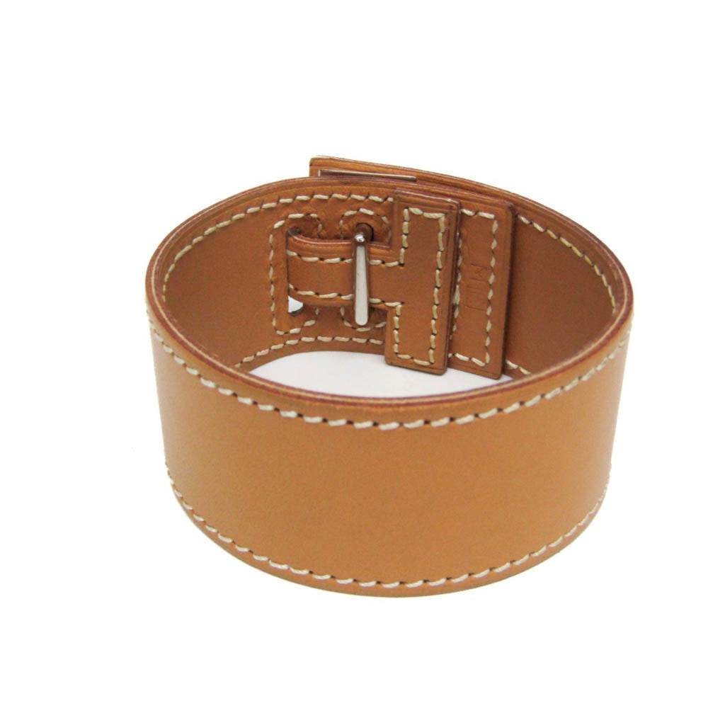 Box Calf Leather and Metal Bracelet Light Beige and Silver