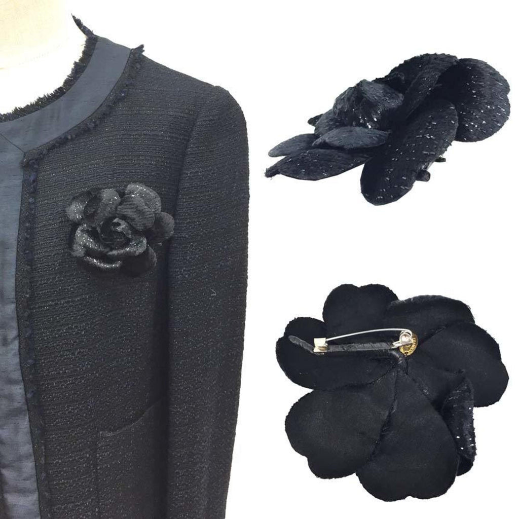 Camellia Brooch Leather Black Velvet