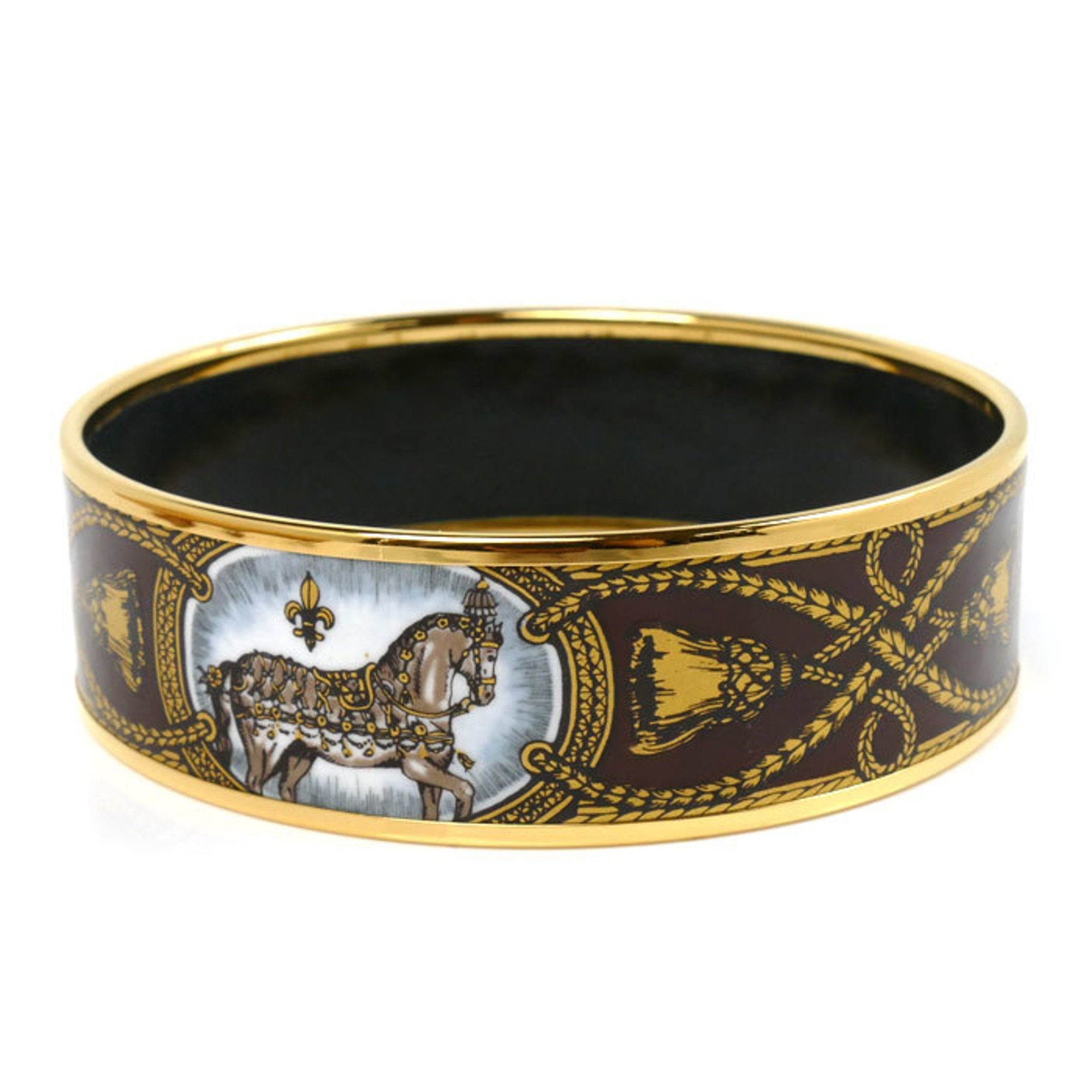 Horse Tassel Bangle Cloisonné and Enamel Black Brown Gold Bracelet