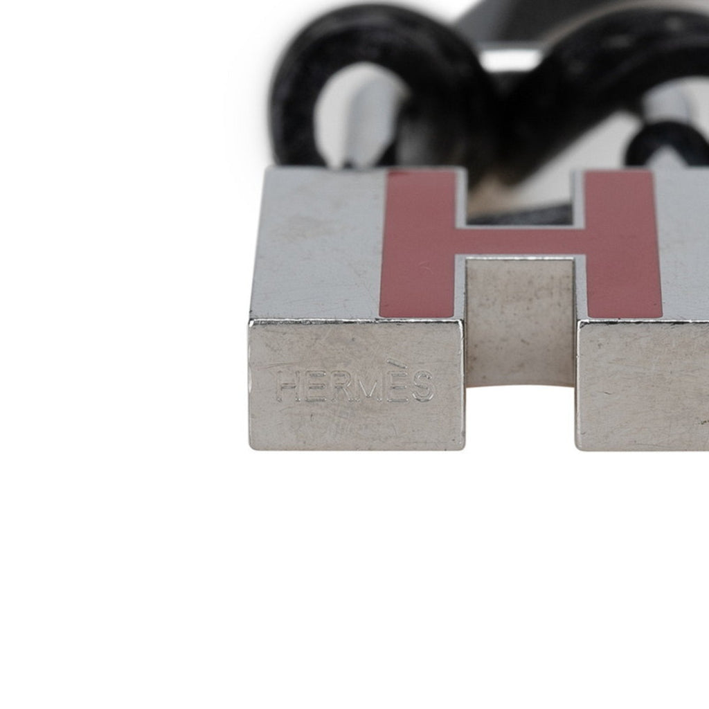 H Motif Padlock Pendant Necklace Leather and Metal Black Red Silver
