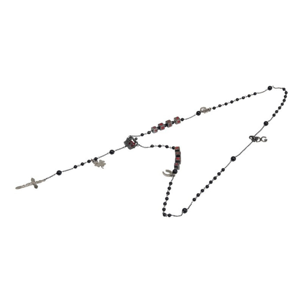 Rosary Cross Pendant Necklace Metal Black and Red