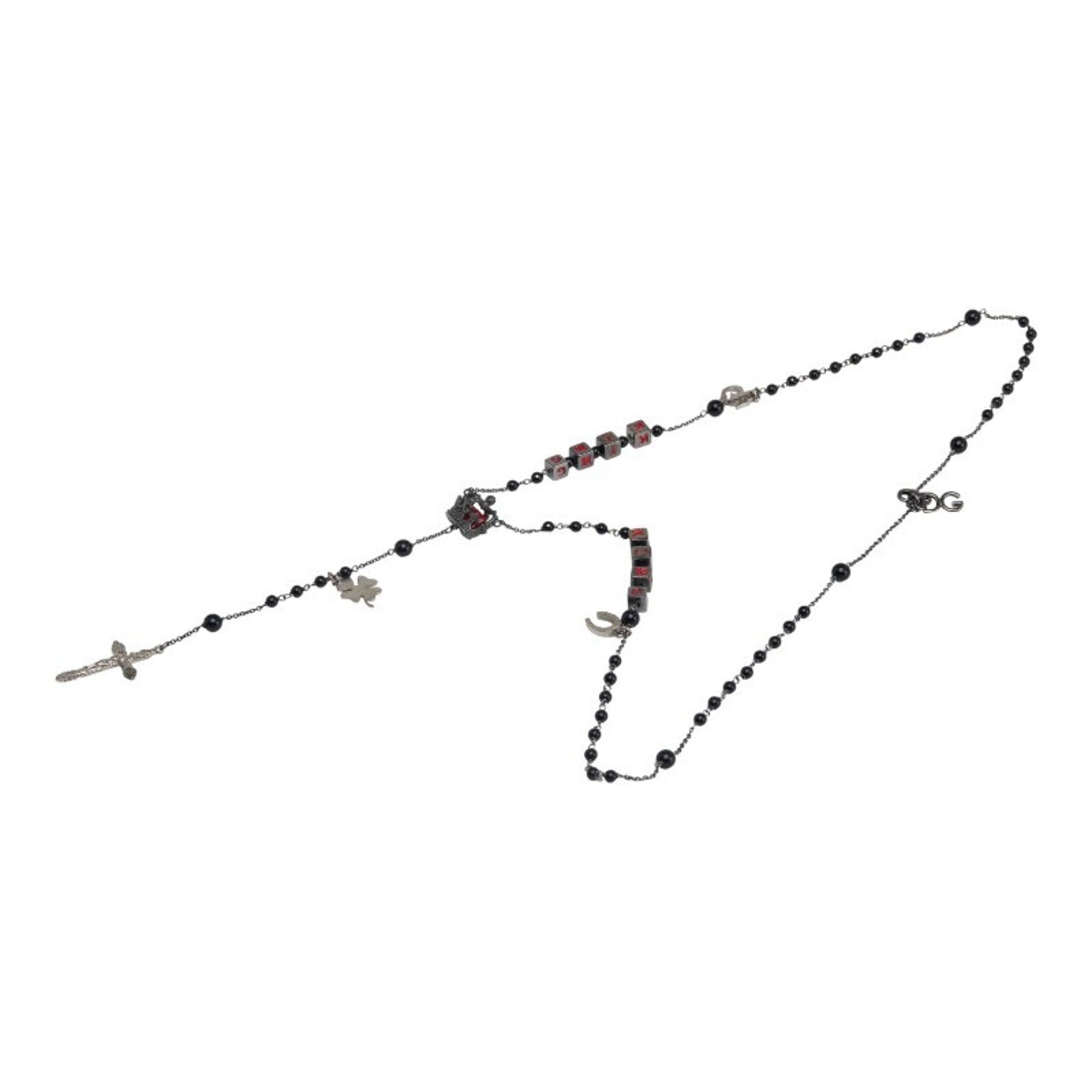 Rosary Cross Pendant Necklace Metal Black and Red