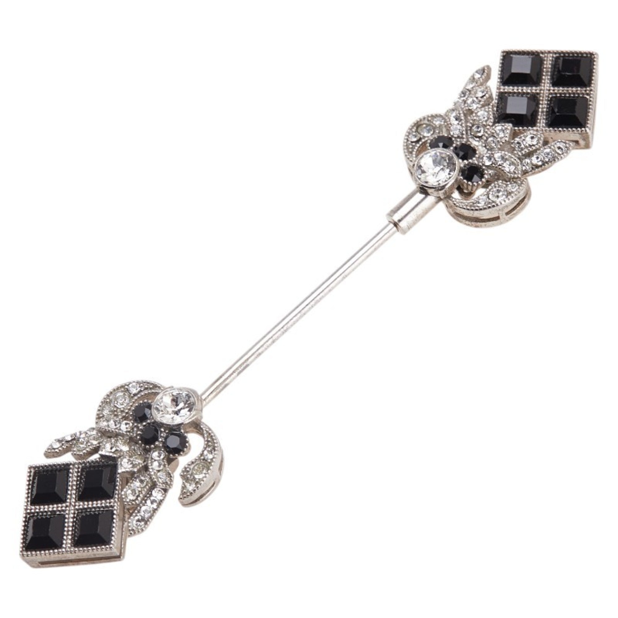 Pin Brooch Sterling Silver With Rhinestone And Black