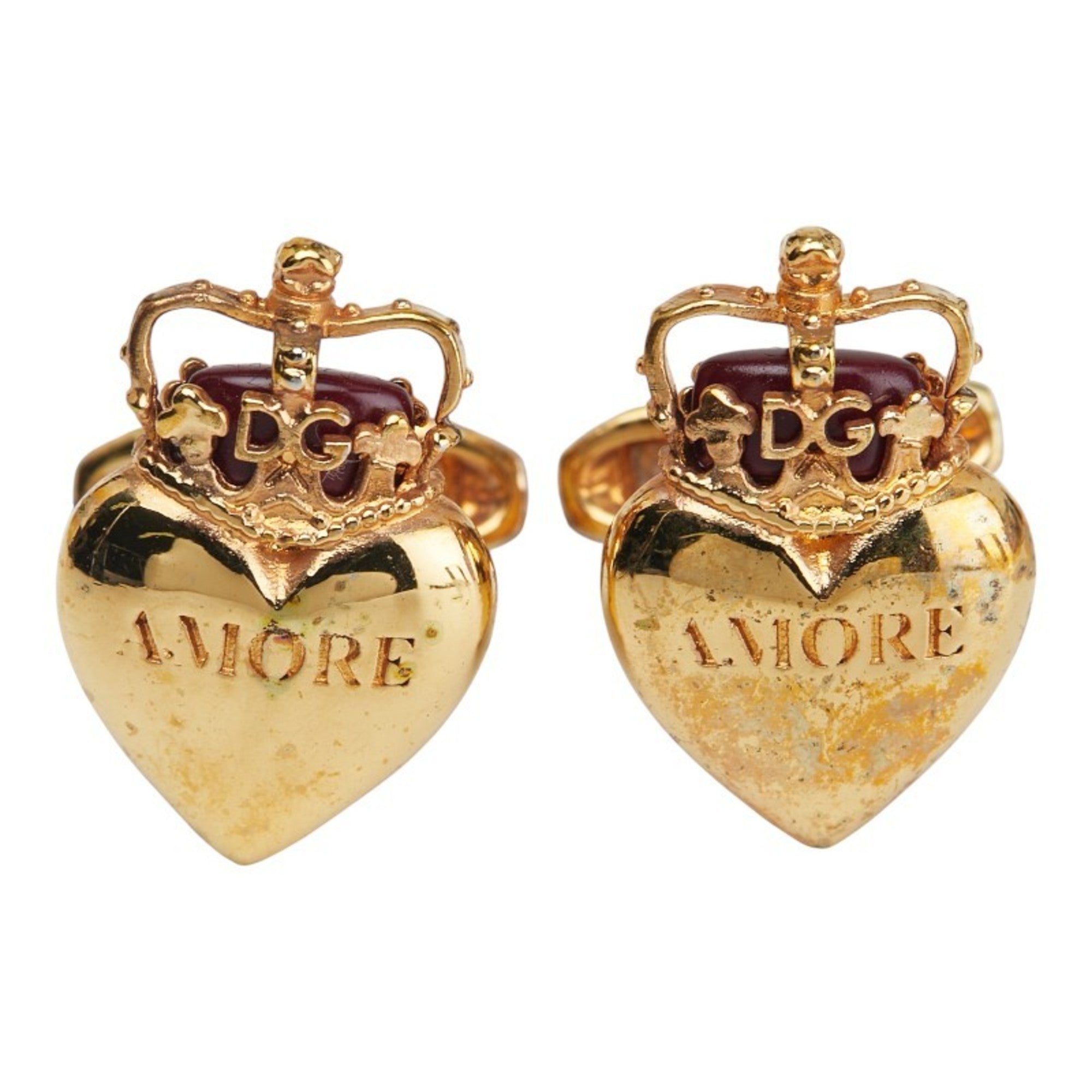 Amore Crown and Heart Motif Cufflinks Gold Red Plated Bracelet