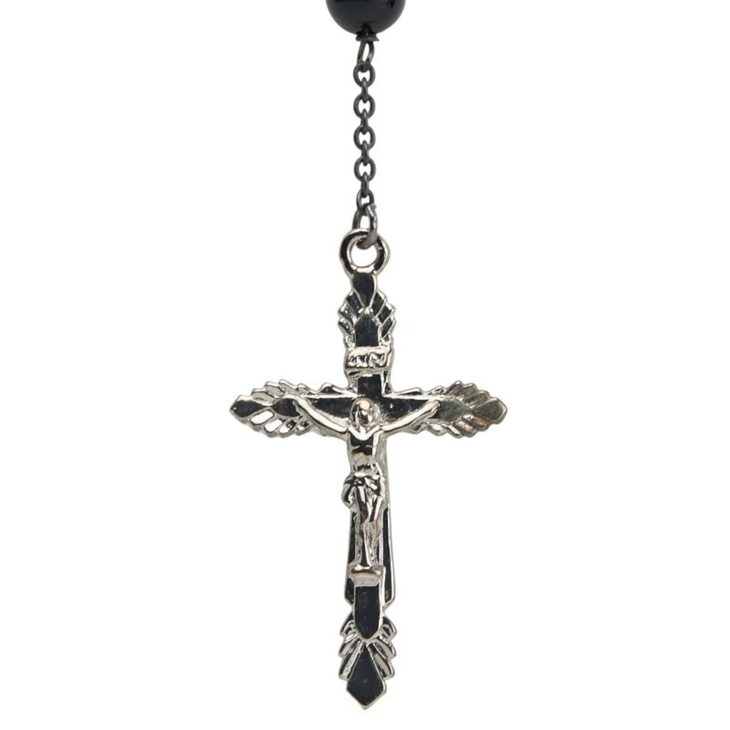 Rosary Cross Pendant Necklace Metal Black and Red