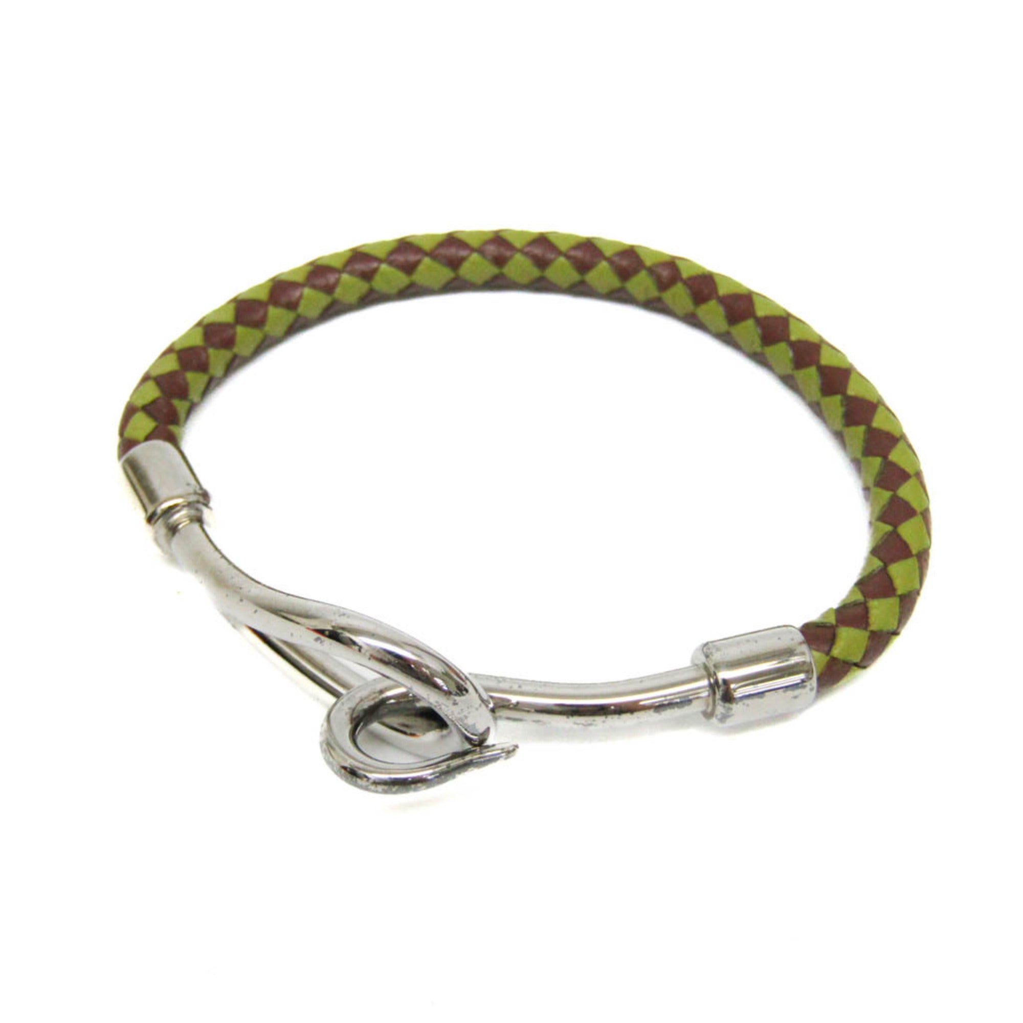 Jumbo Bangle Leather and Metal Dark Brown Green Silver Bracelet