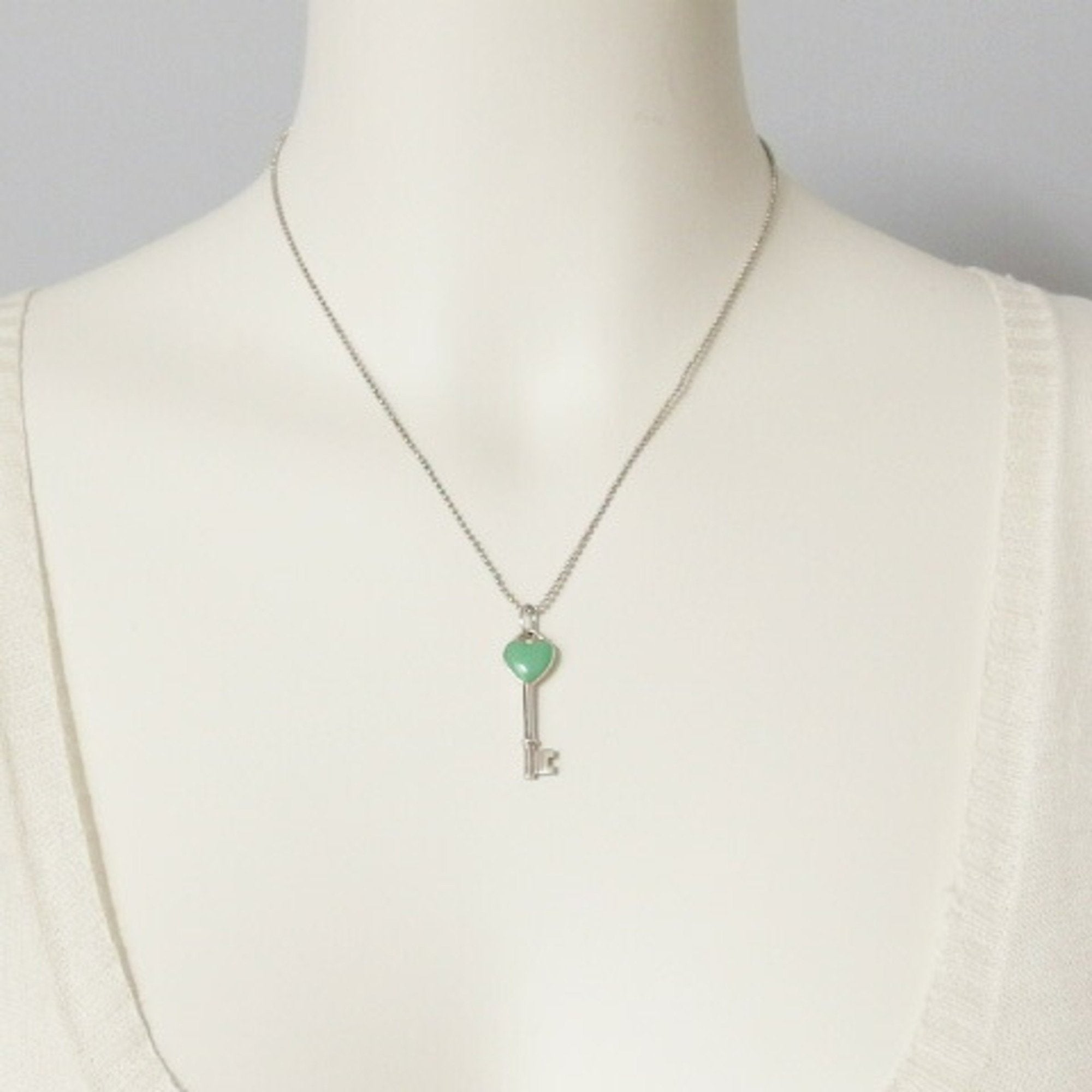 Heart Key Motif Ball Chain Pendant Necklace Enamel and Sterling Silver