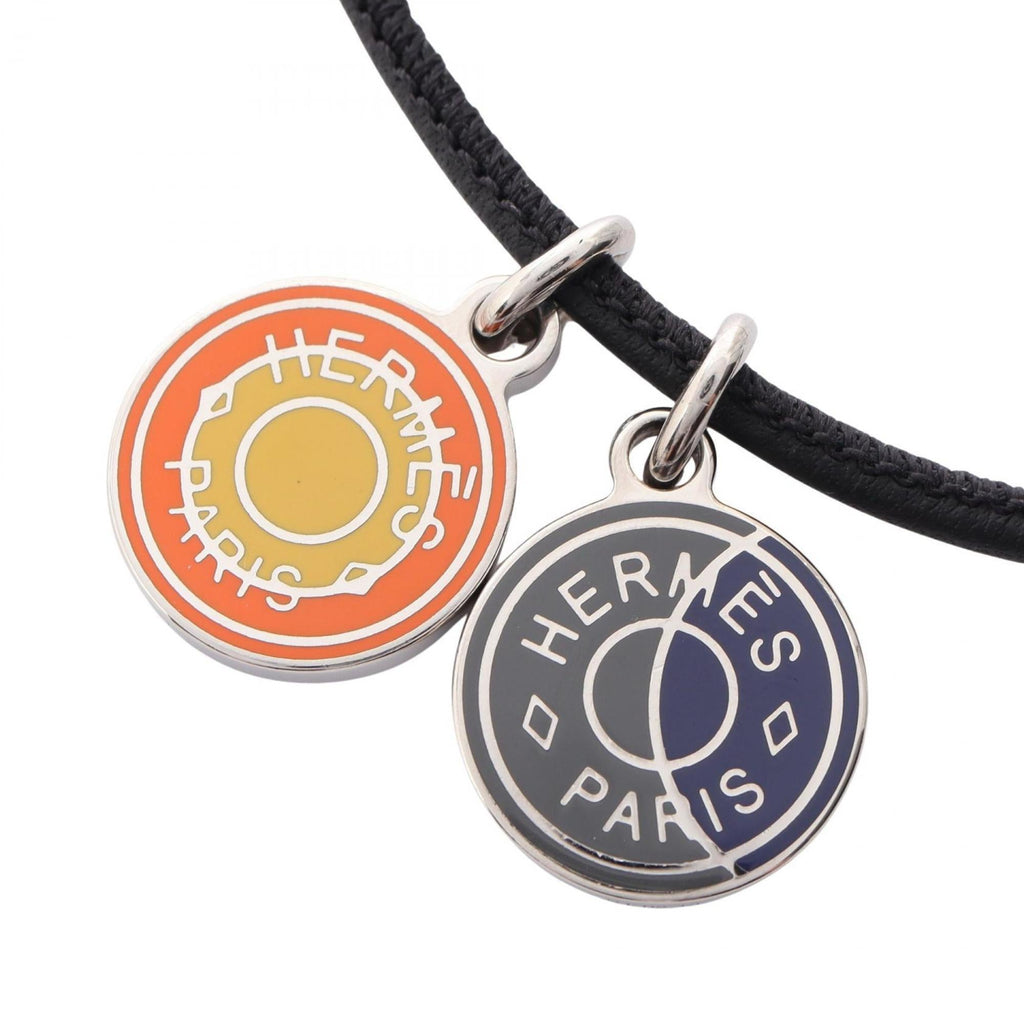 Pendant Necklace Leather and Stainless Steel Black Silver