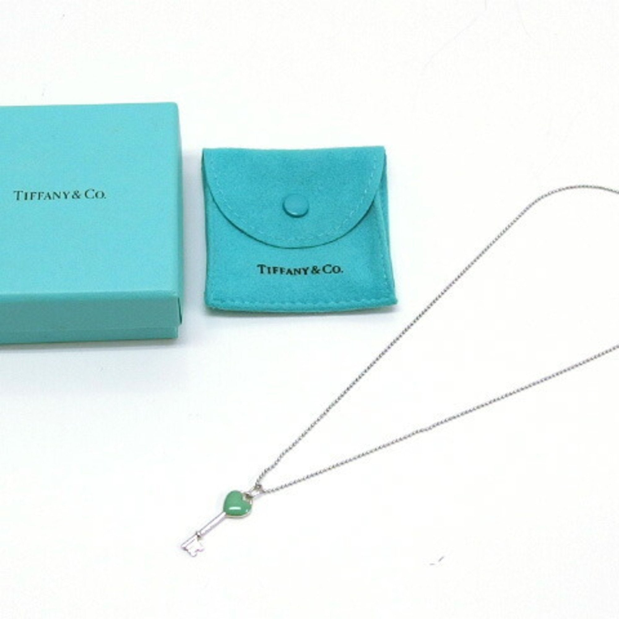 Heart Key Motif Ball Chain Pendant Necklace Enamel and Sterling Silver