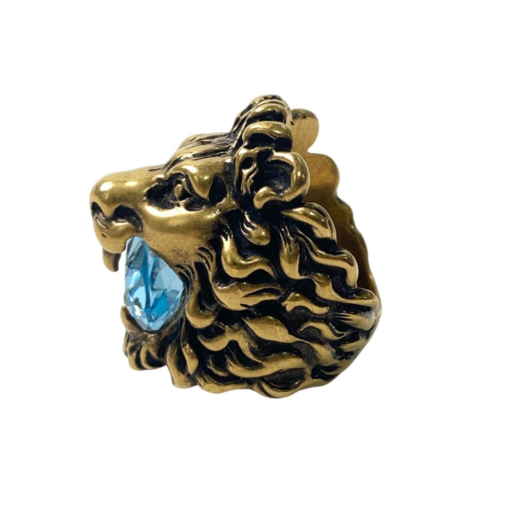 Lion Head Band Ring Gold Blue with Color Stone