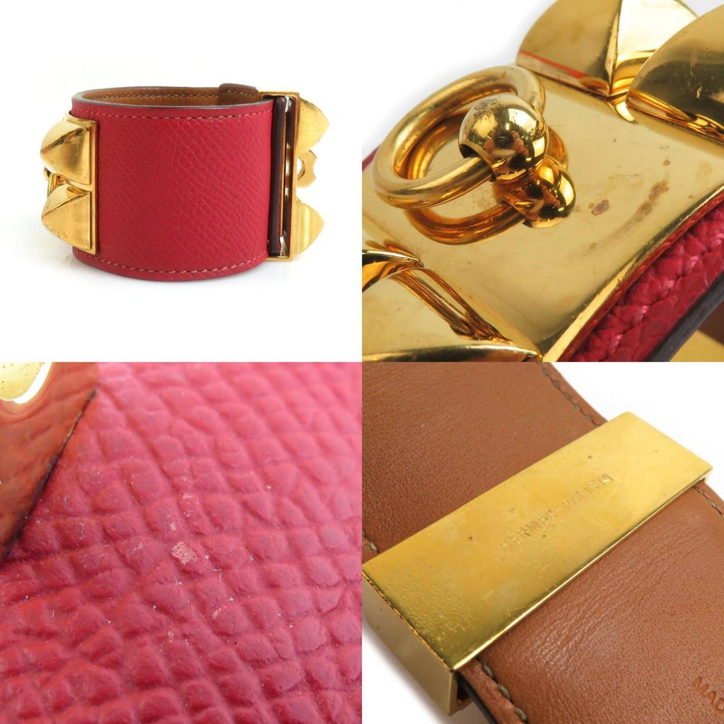 Collier de Chien Bracelet Epsom Leather and Metal Rouge Grenat
