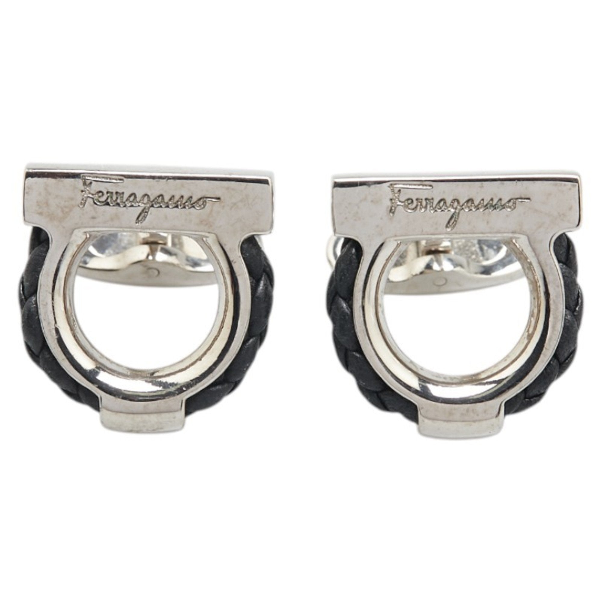 Gancini Cufflinks Leather and Metal Black and Silver Bracelet