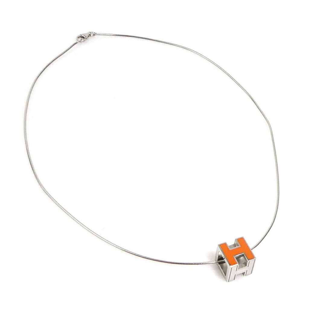 H Cube Pendant Necklace Enamel and Metal Orange and Silver
