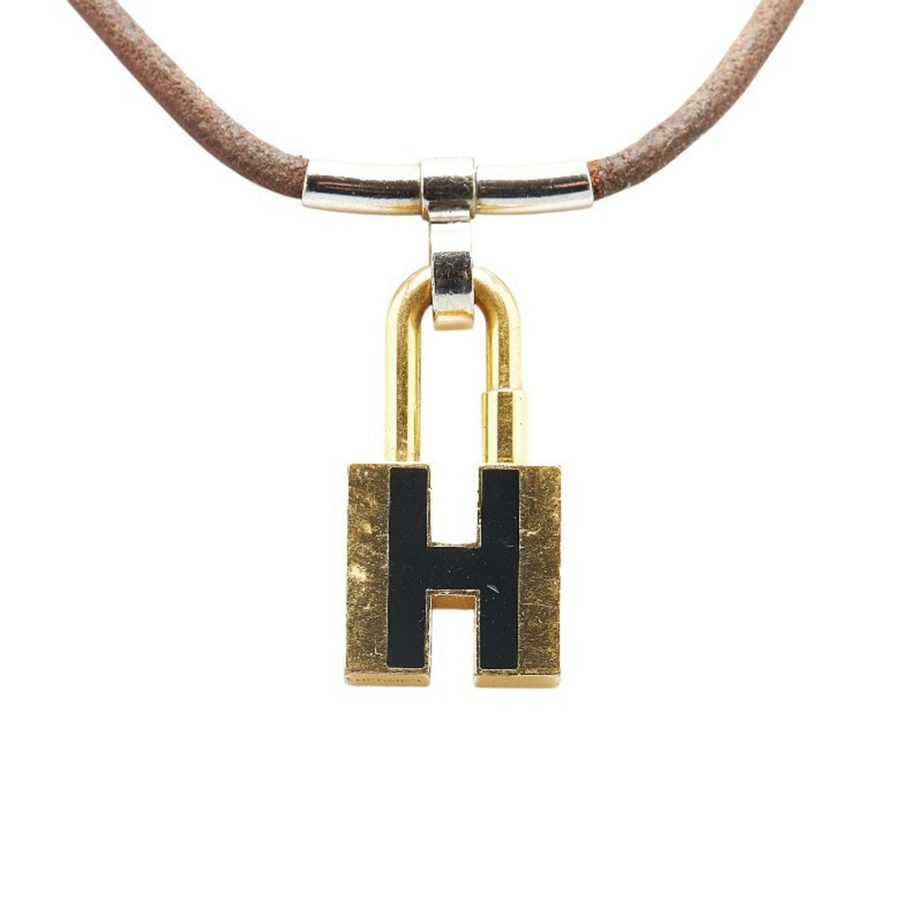 H Motif Padlock Pendant Necklace Gold and Leather and Metal