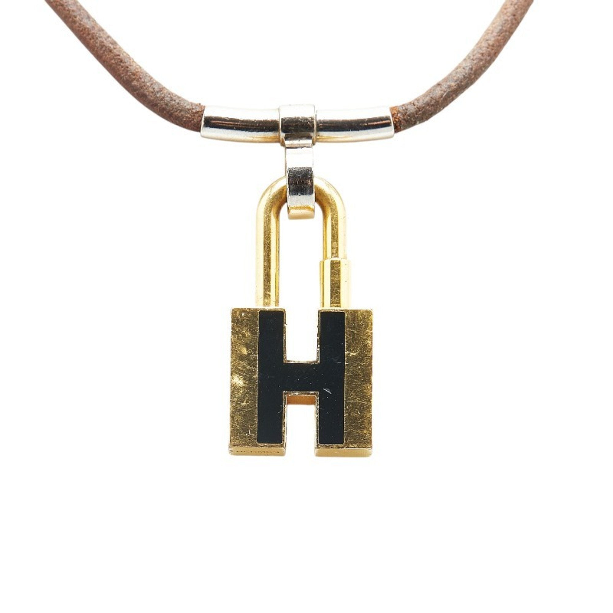 H Motif Padlock Pendant Necklace Gold and Leather and Metal