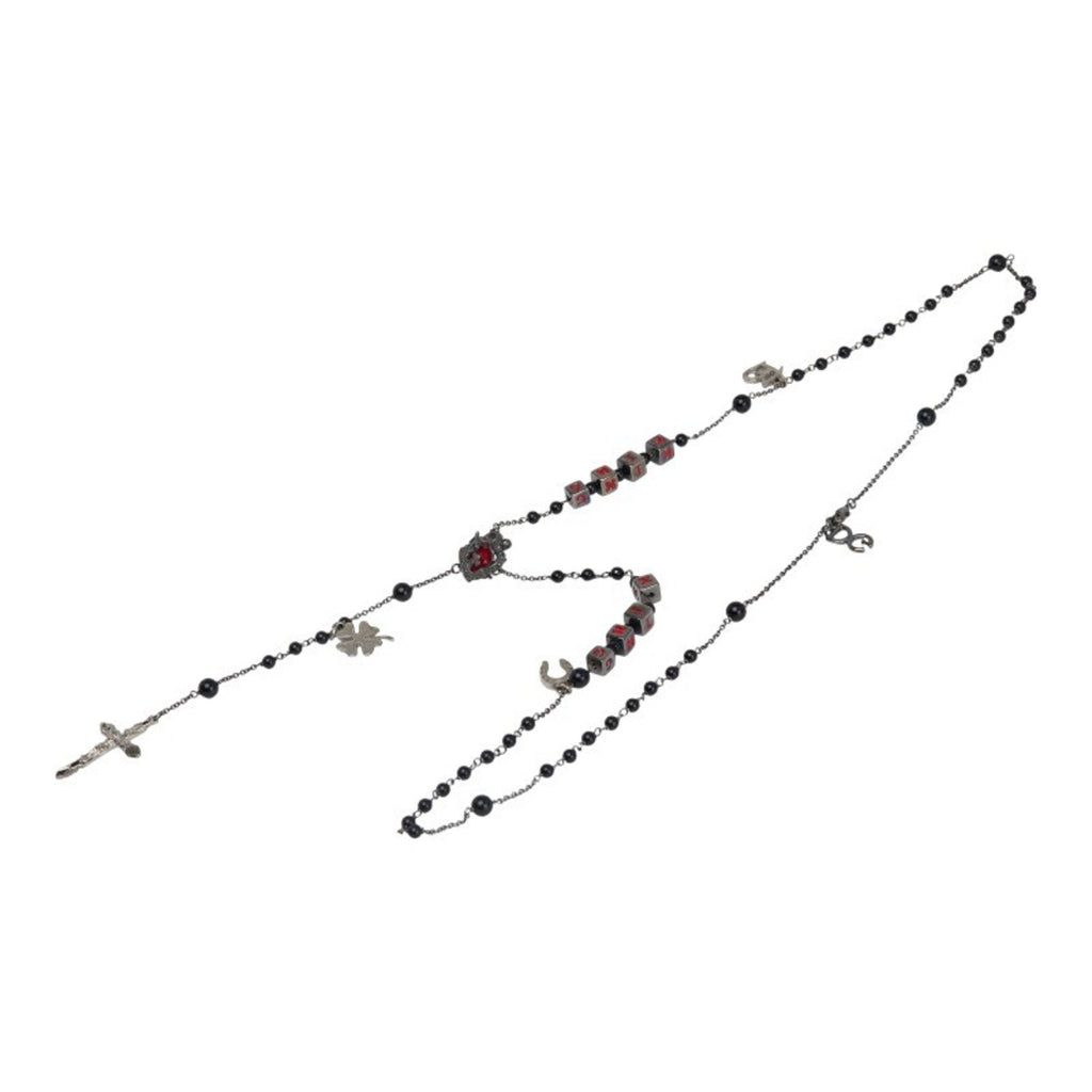 Rosary Cross Pendant Necklace Metal Black and Red and Silver