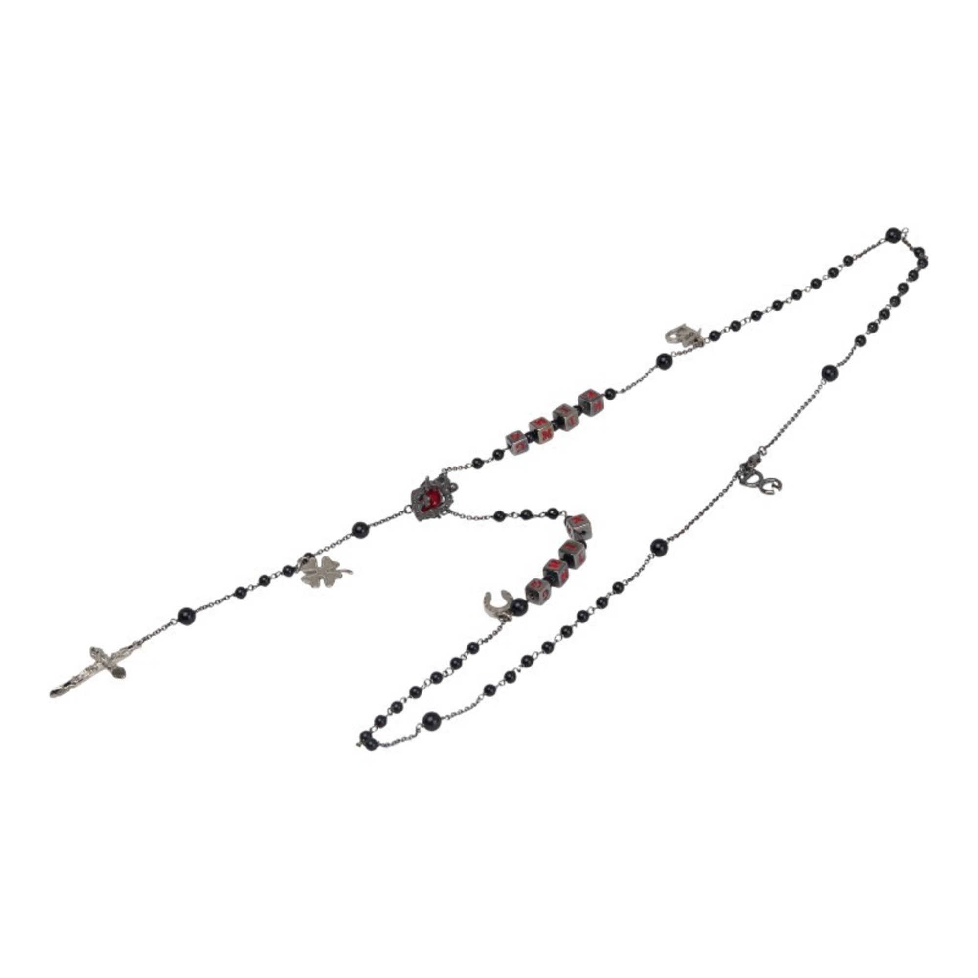 Rosary Cross Pendant Necklace Metal Black and Red and Silver
