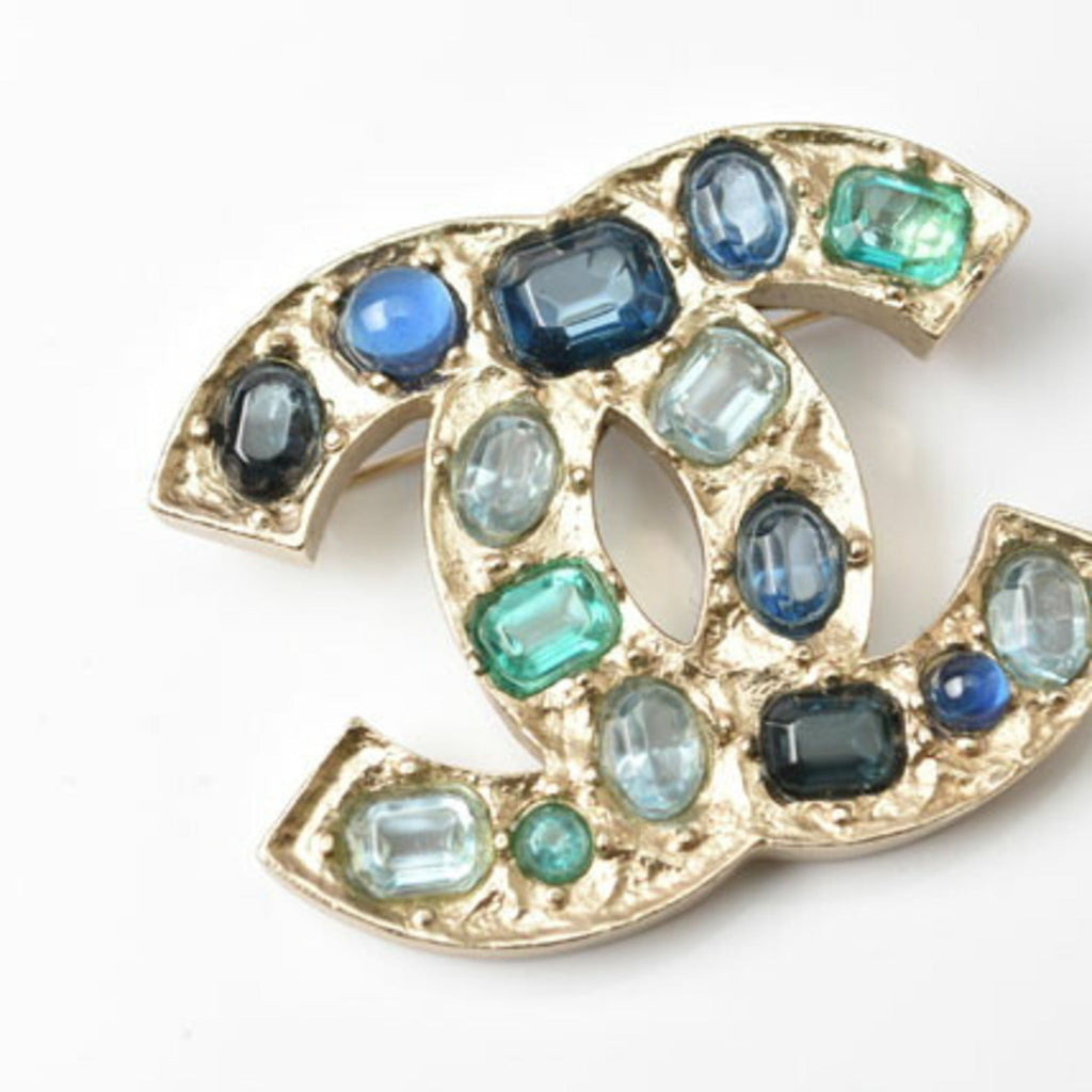 Brooch Metal Blue and Rhinestone
