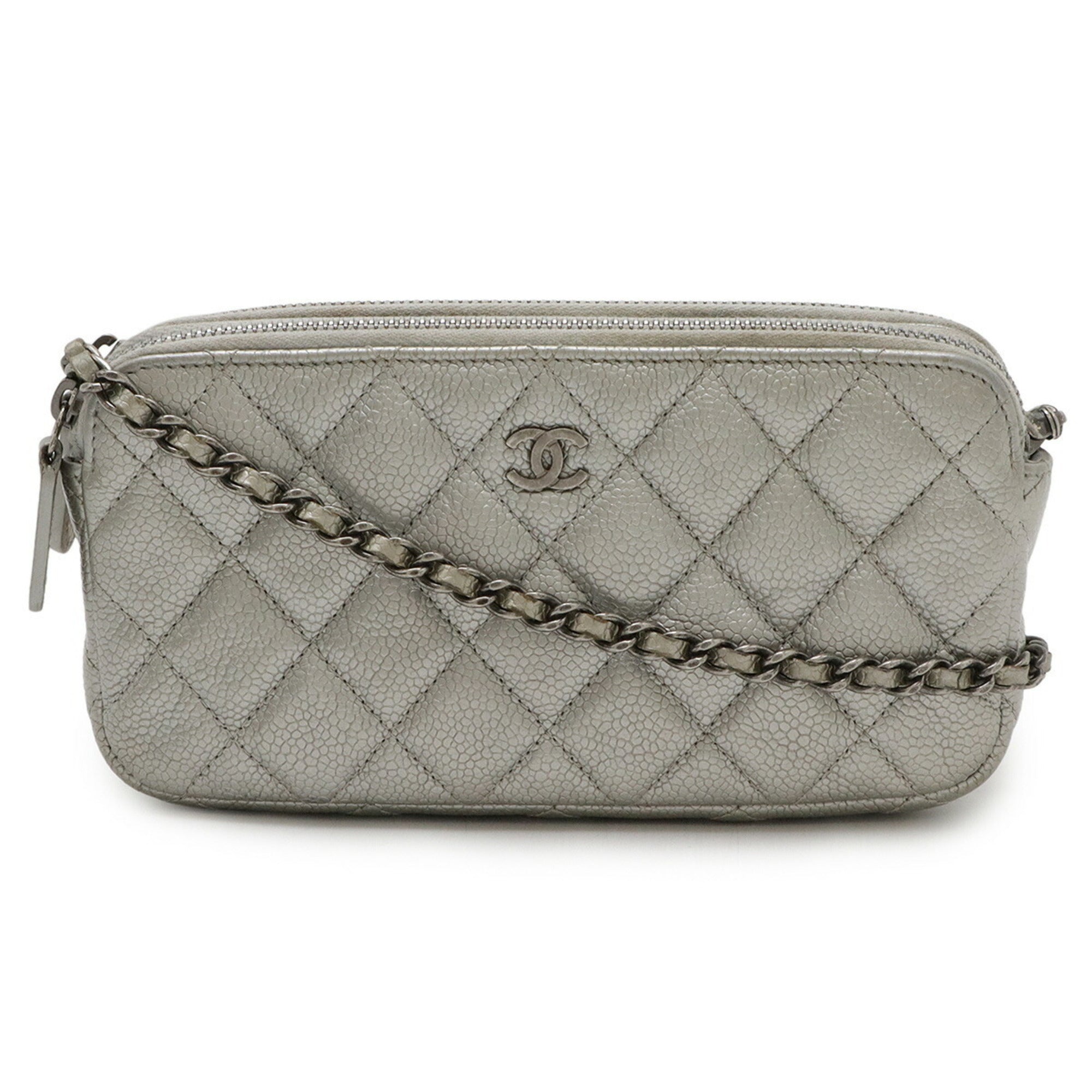 Double Zip Clutch with Chain Quilted Caviar