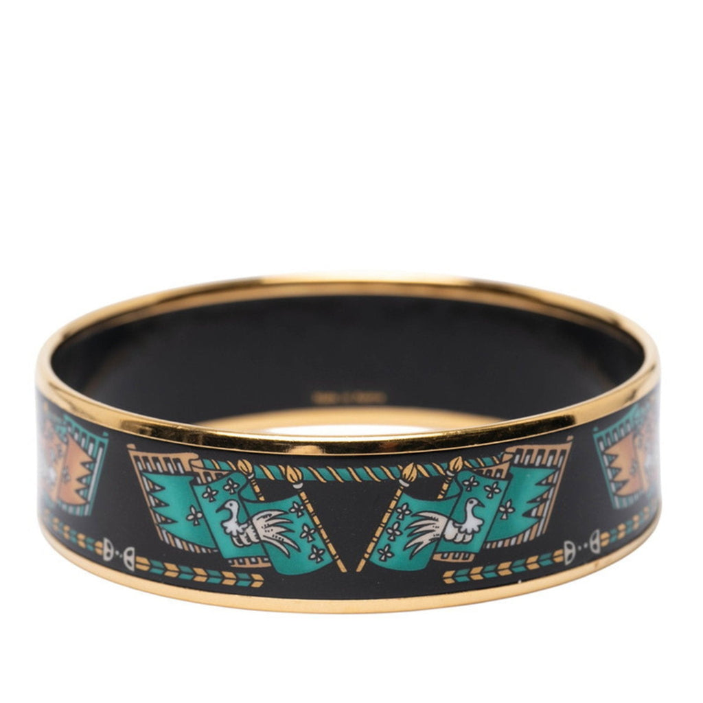 Bangle Enamel Black Gold Multicolor Bird and Flag Motif Bracelet