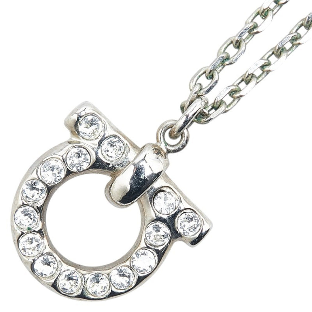 Gancini Rhinestone Pendant Necklace Metal Silver