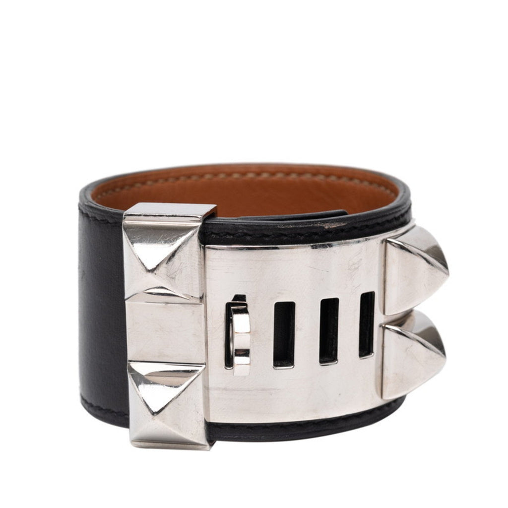 Collier de Chien Bangle Box Calf Leather and Metal Black and Silver Small Bracelet