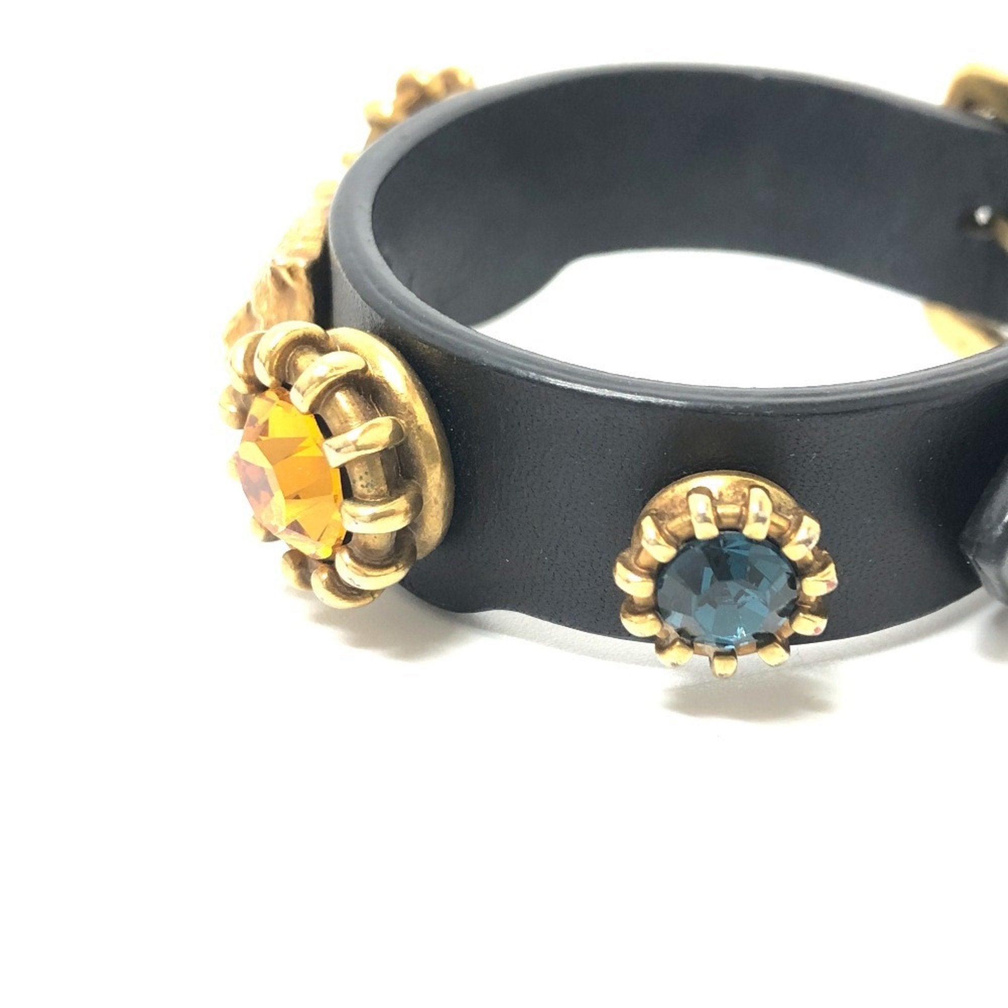 Tiger Head Charm Bracelet Leather Black and Gold and Multi-Color
