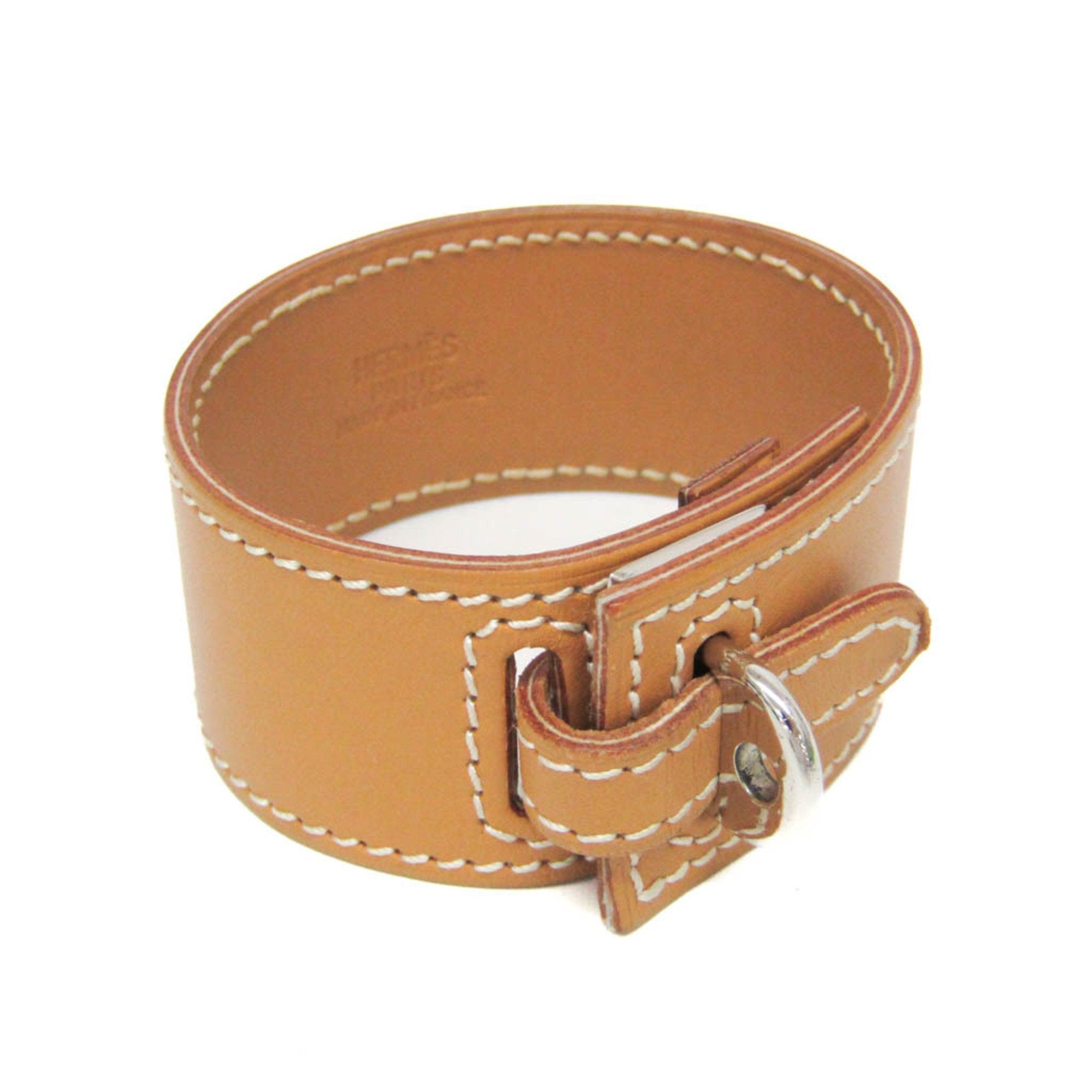 Box Calf Leather and Metal Bracelet Light Beige and Silver