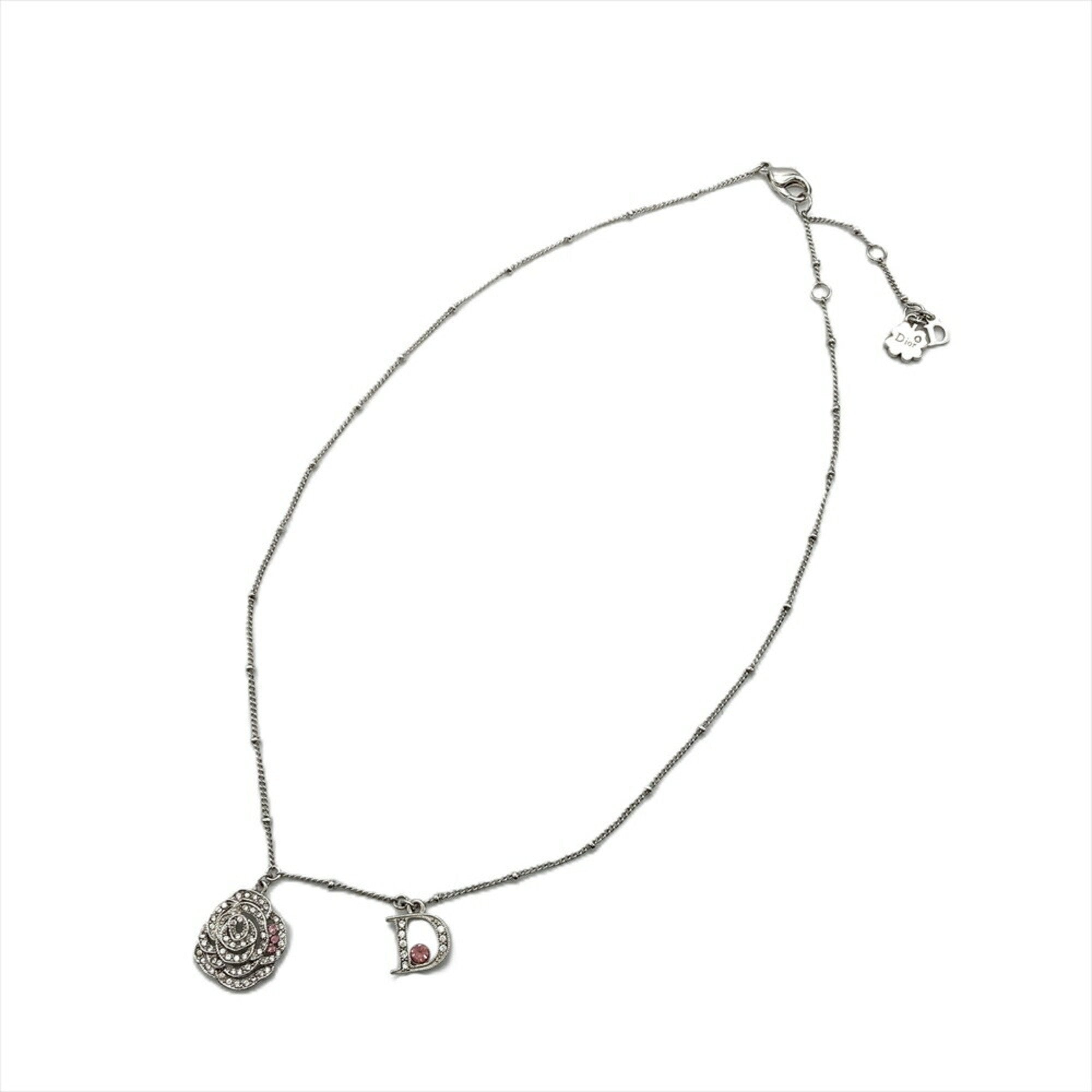 Pendant Necklace Metal and Rhinestone Pink and Silver