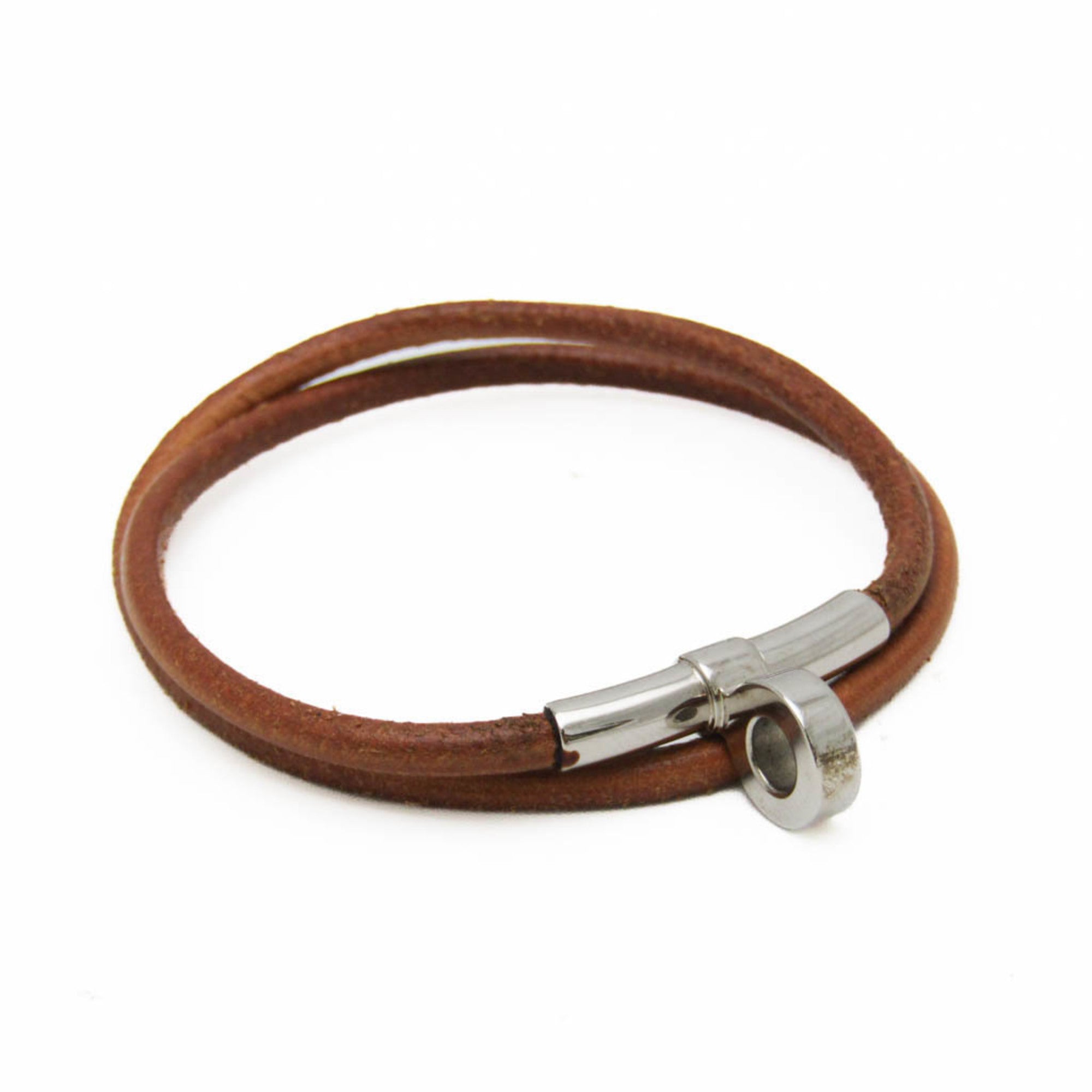 Choker Necklace Leather and Metal Brown and Silver