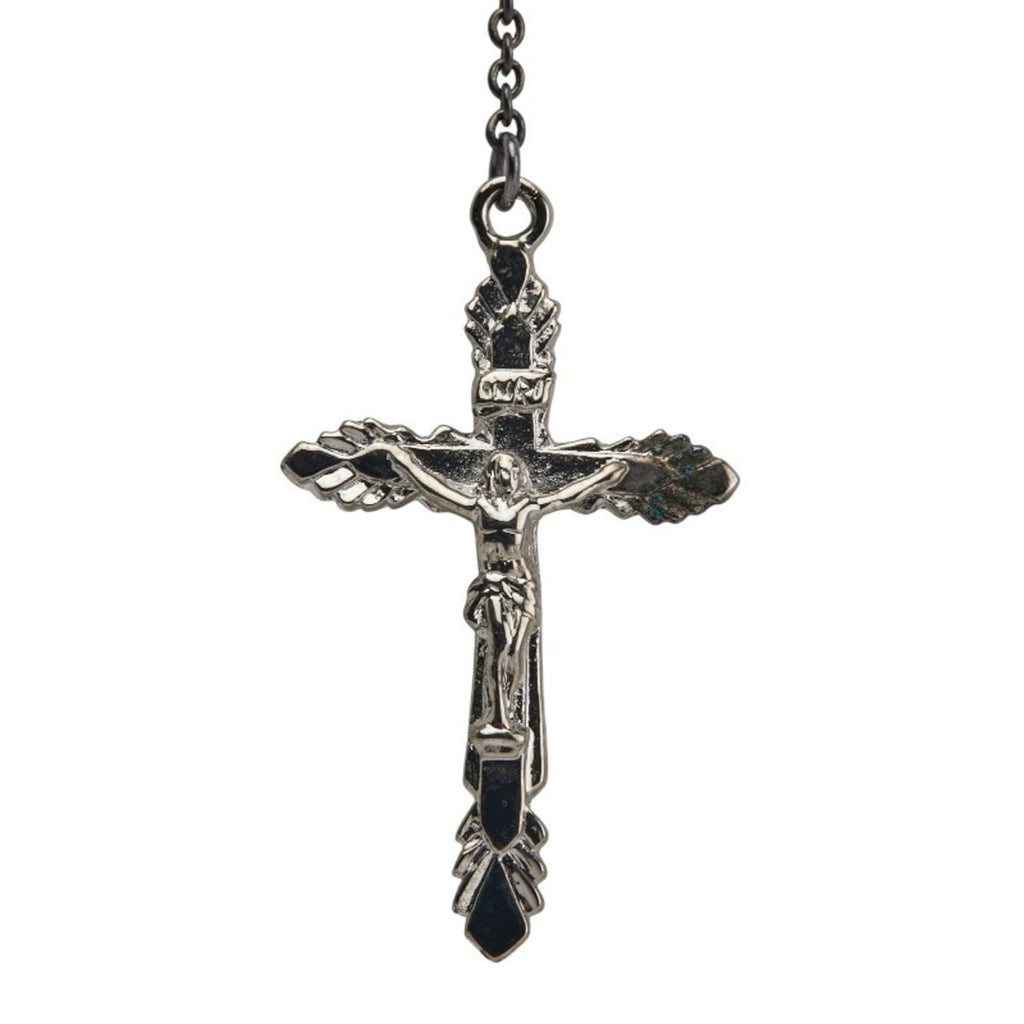 Rosary Cross Pendant Necklace Metal Black and Red and Silver