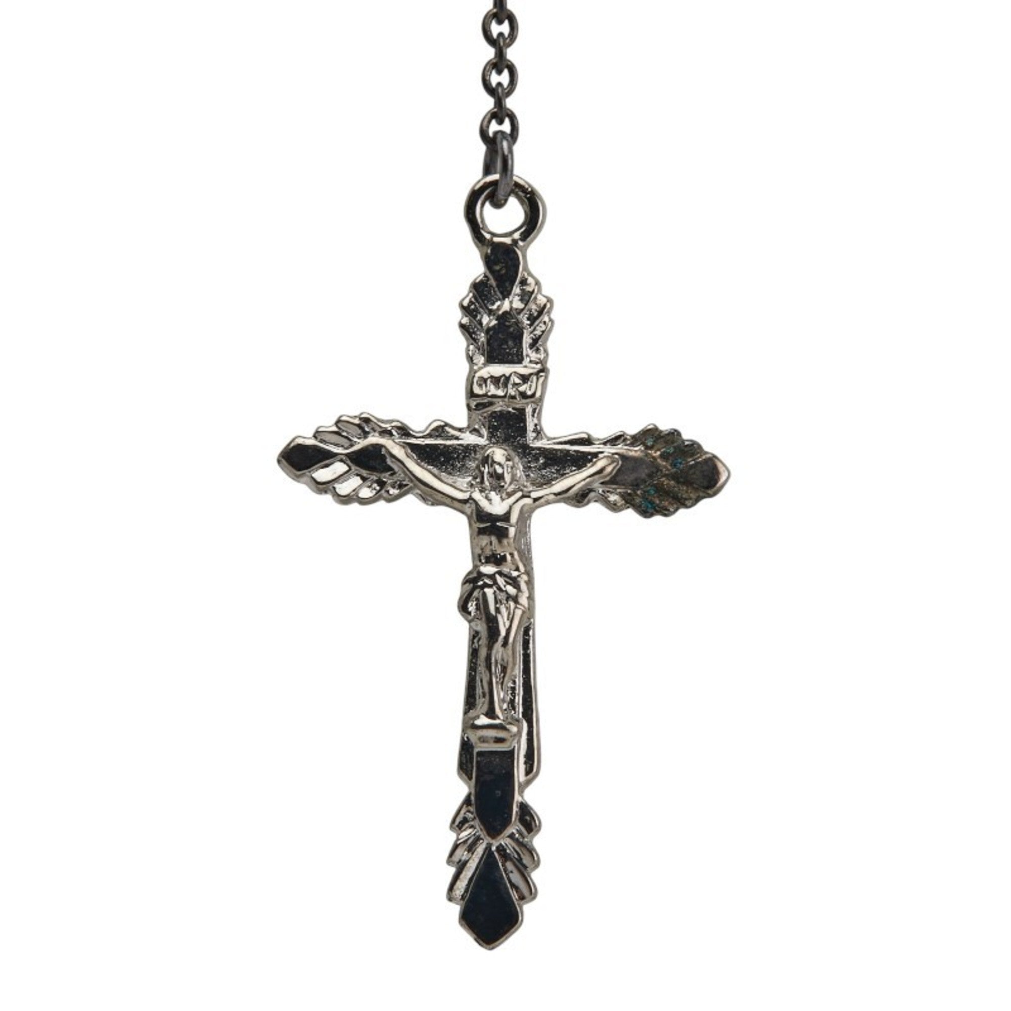 Rosary Cross Pendant Necklace Metal Black and Red and Silver