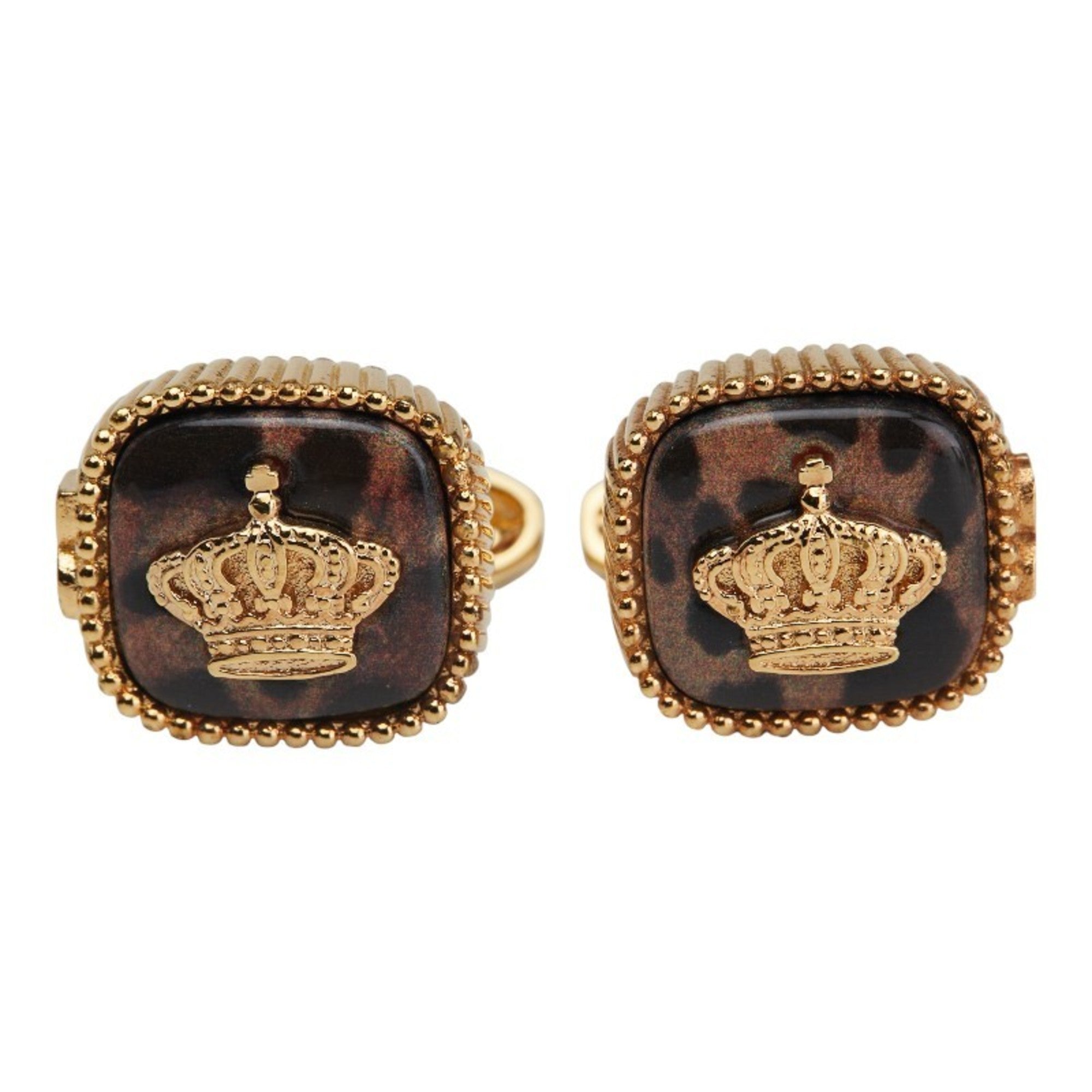 Crown Leopard Motif Square Cufflinks Gold and Brown Plated Bracelet