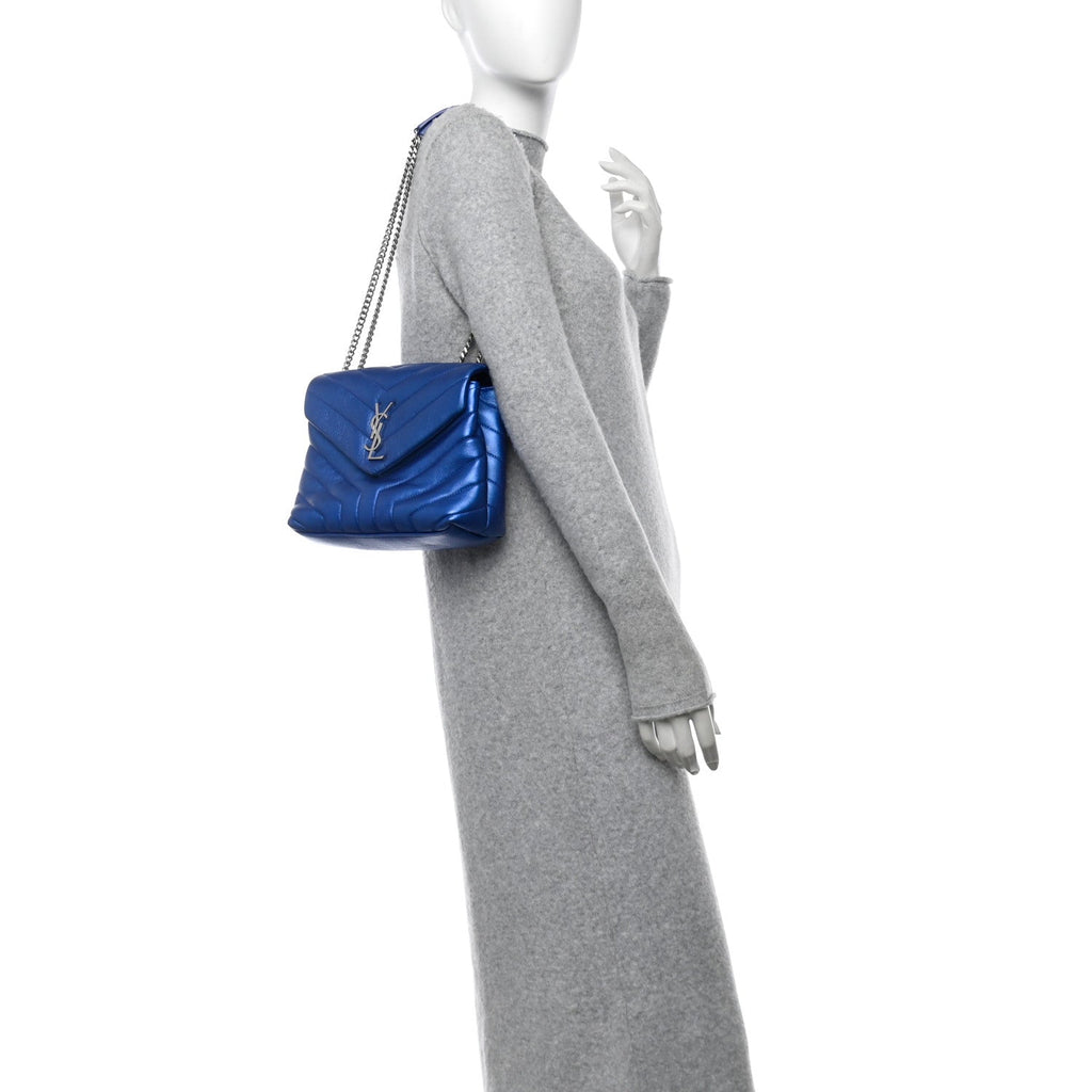 Metallic Calfskin Y Quilted Monogram Small Loulou Chain Satchel Blue Royal