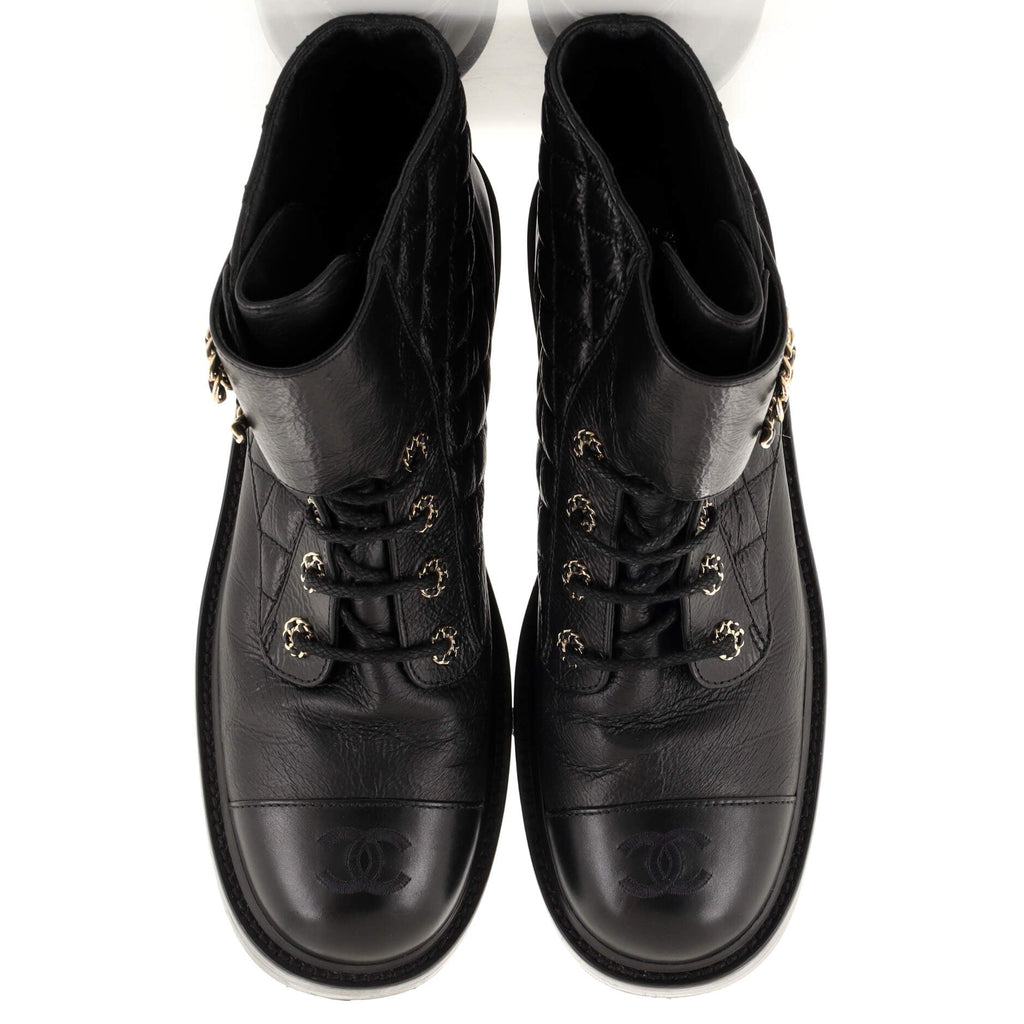Women's Chain CC Cap Toe Lace Up Combat Boots Quilted Leather