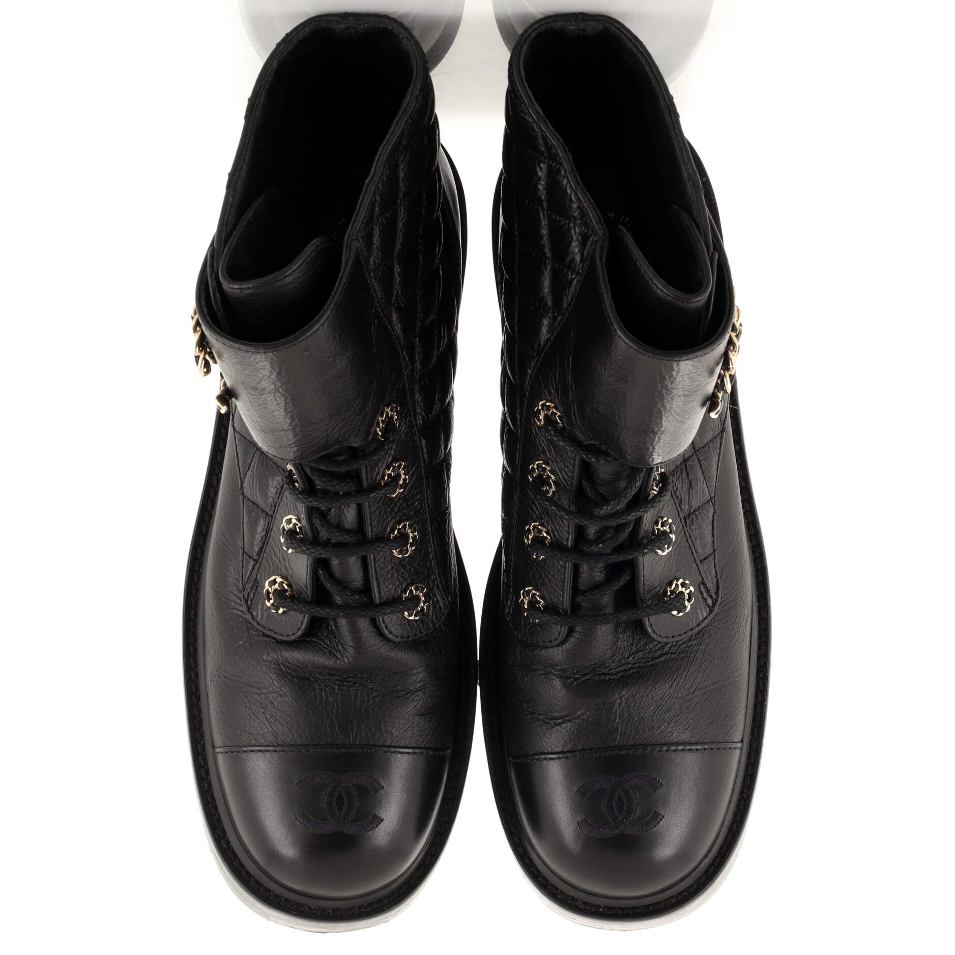 Women's Chain CC Cap Toe Lace Up Combat Boots Quilted Leather