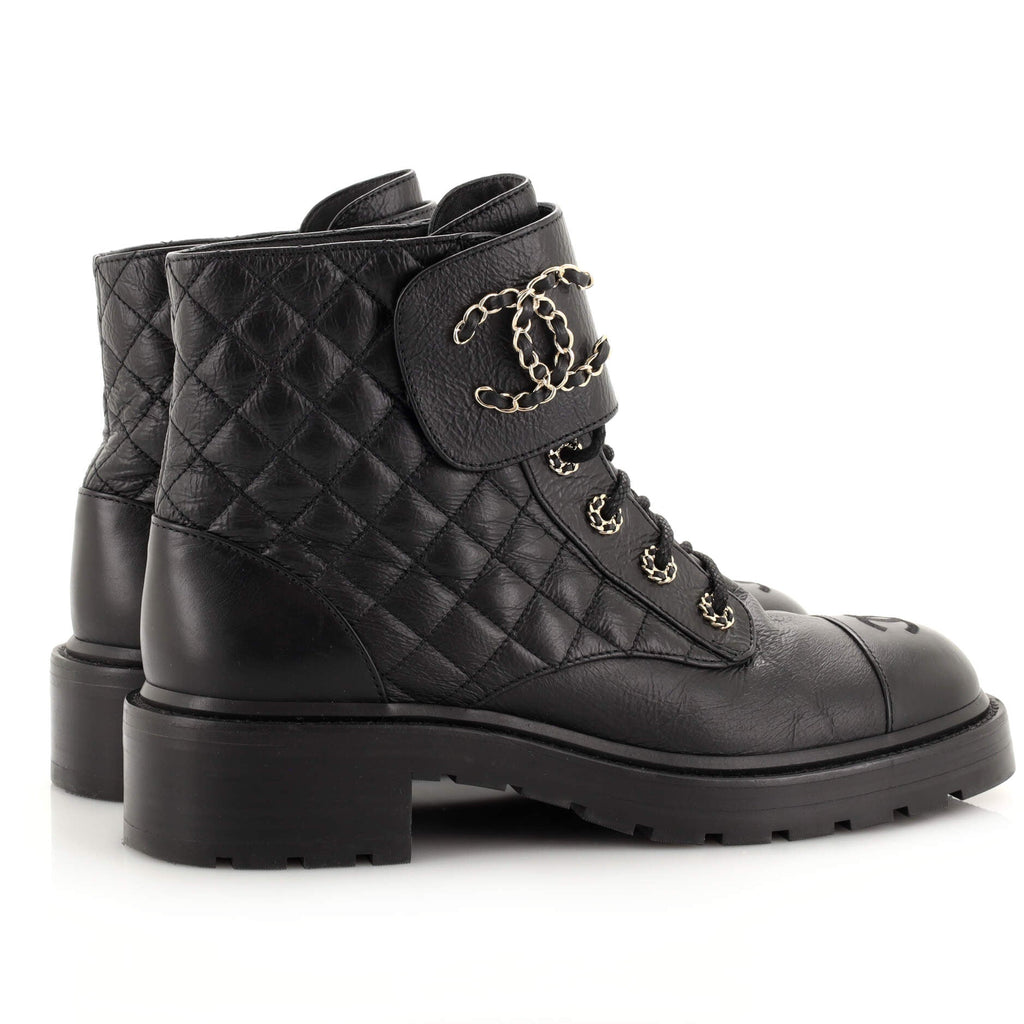 Women's Chain CC Cap Toe Lace Up Combat Boots Quilted Leather
