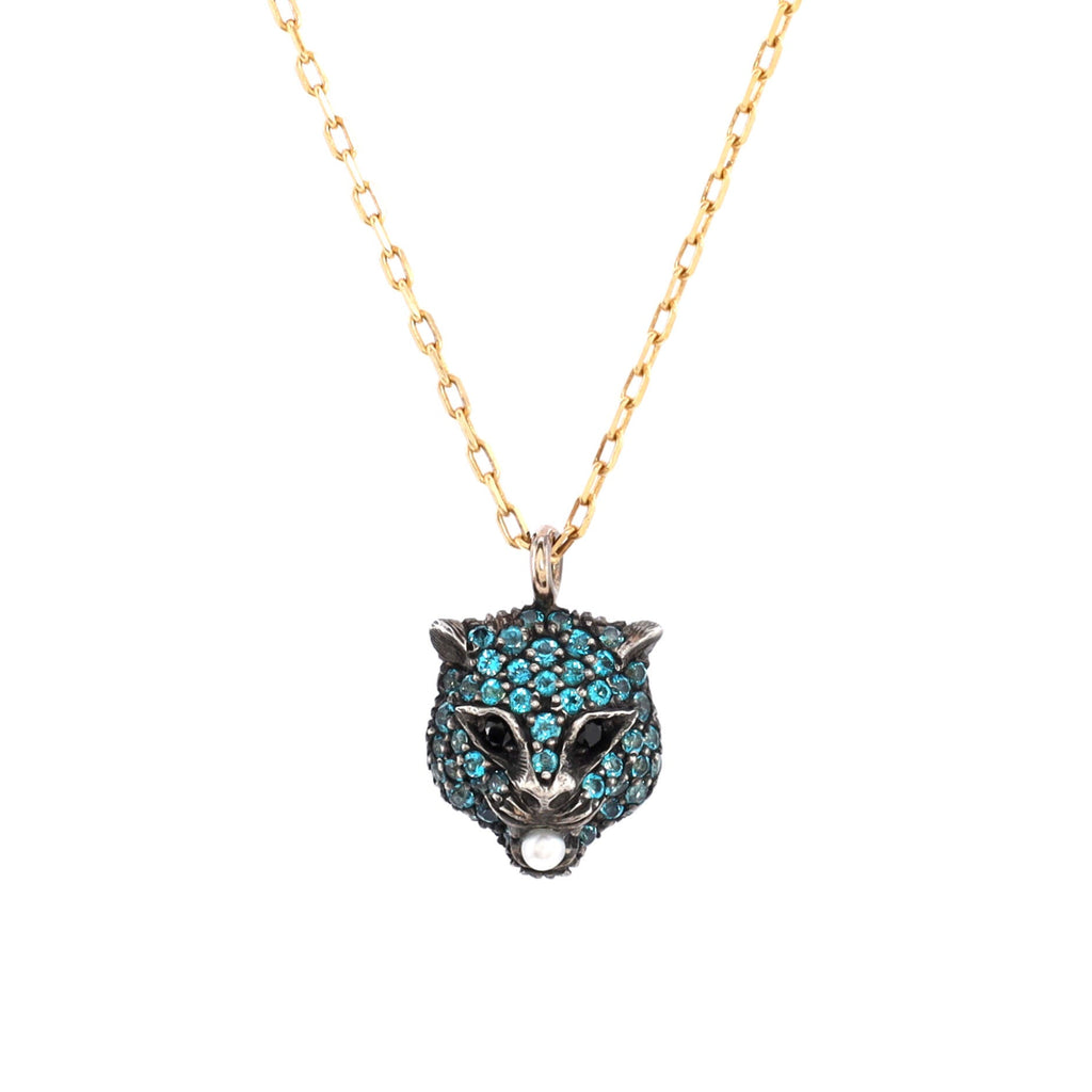 Le Marche Des Merveilles Pendant Necklace 18K Yellow Gold and Sterling Silver with Blue Topaz, Black Spinel and Pearl