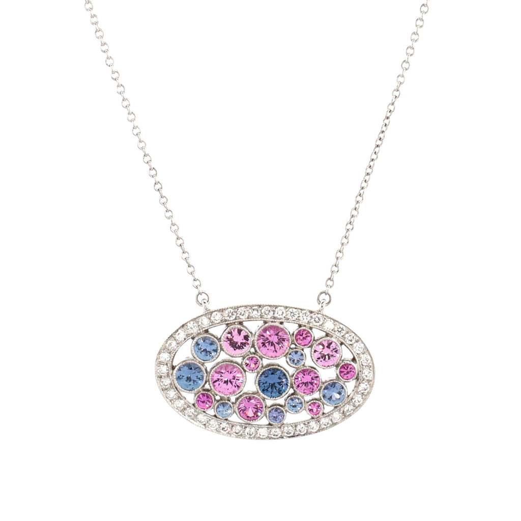 Cobblestone Oval Pendant Necklace Platinum with Diamonds and Pink Sapphires with Blue Sapphires
