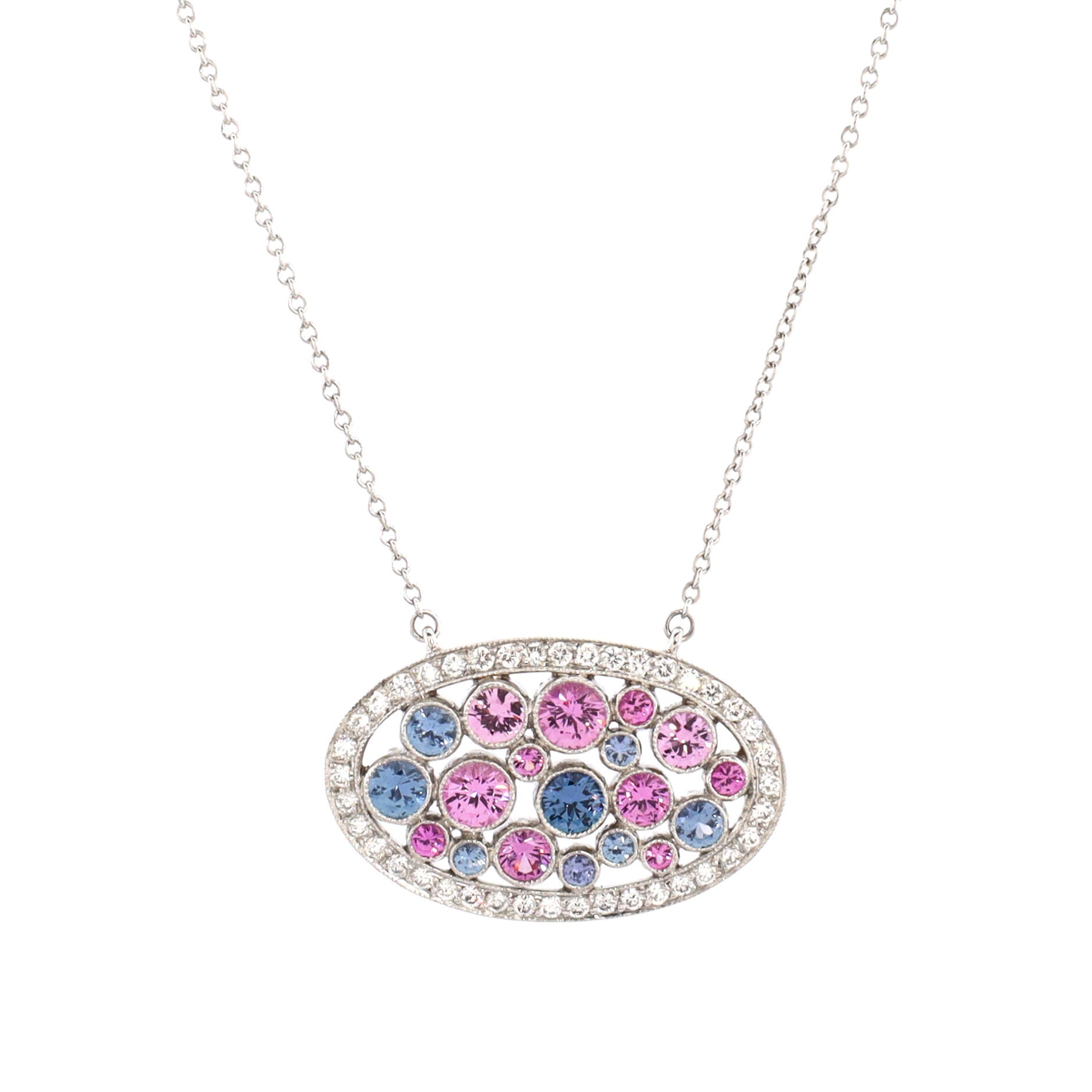 Cobblestone Oval Pendant Necklace Platinum with Diamonds and Pink Sapphires with Blue Sapphires