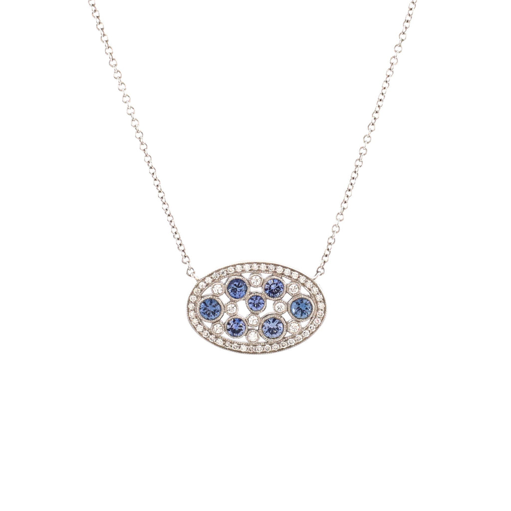 Cobblestone Oval Pendant Necklace Platinum with Diamonds and Blue Sapphires
