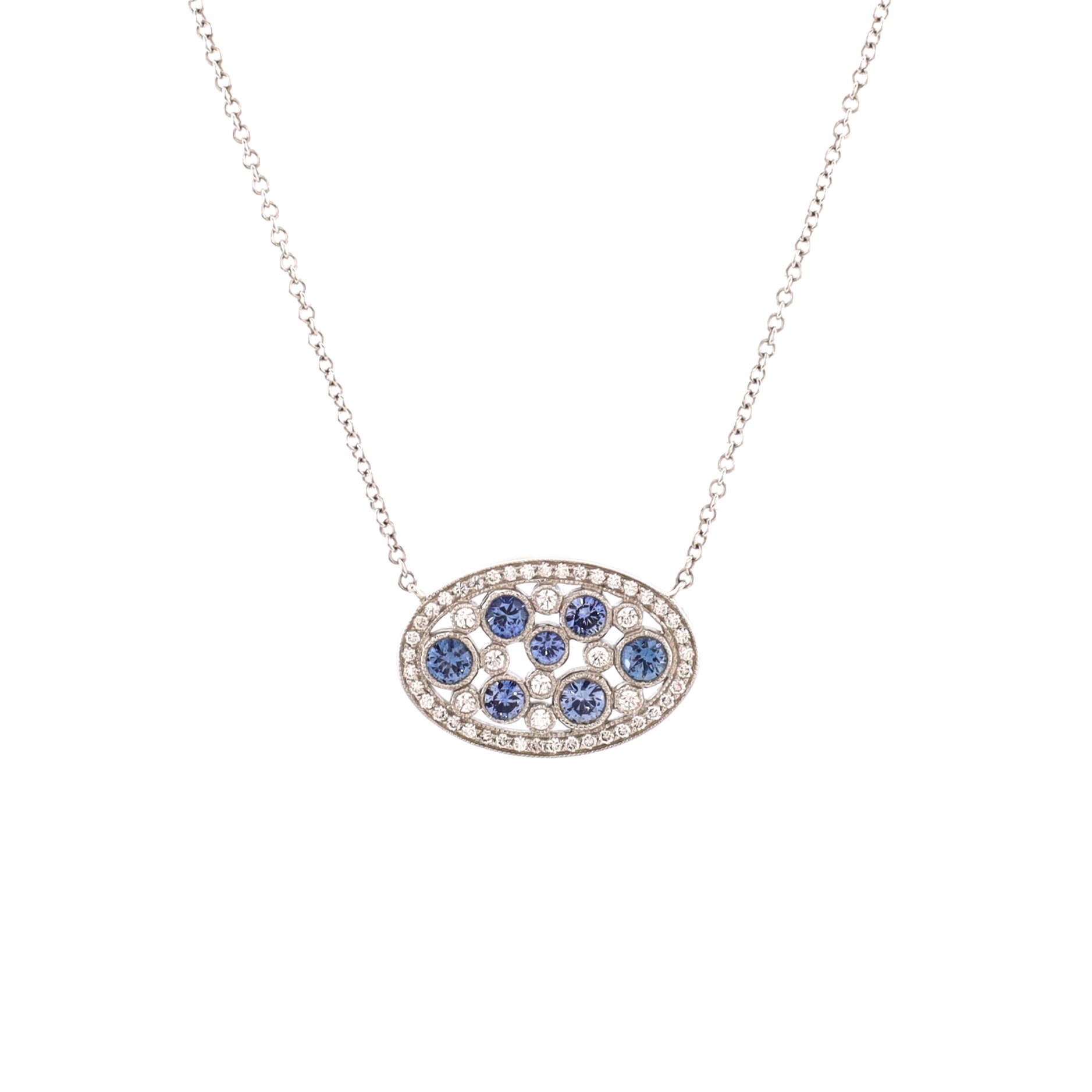 Cobblestone Oval Pendant Necklace Platinum with Diamonds and Blue Sapphires