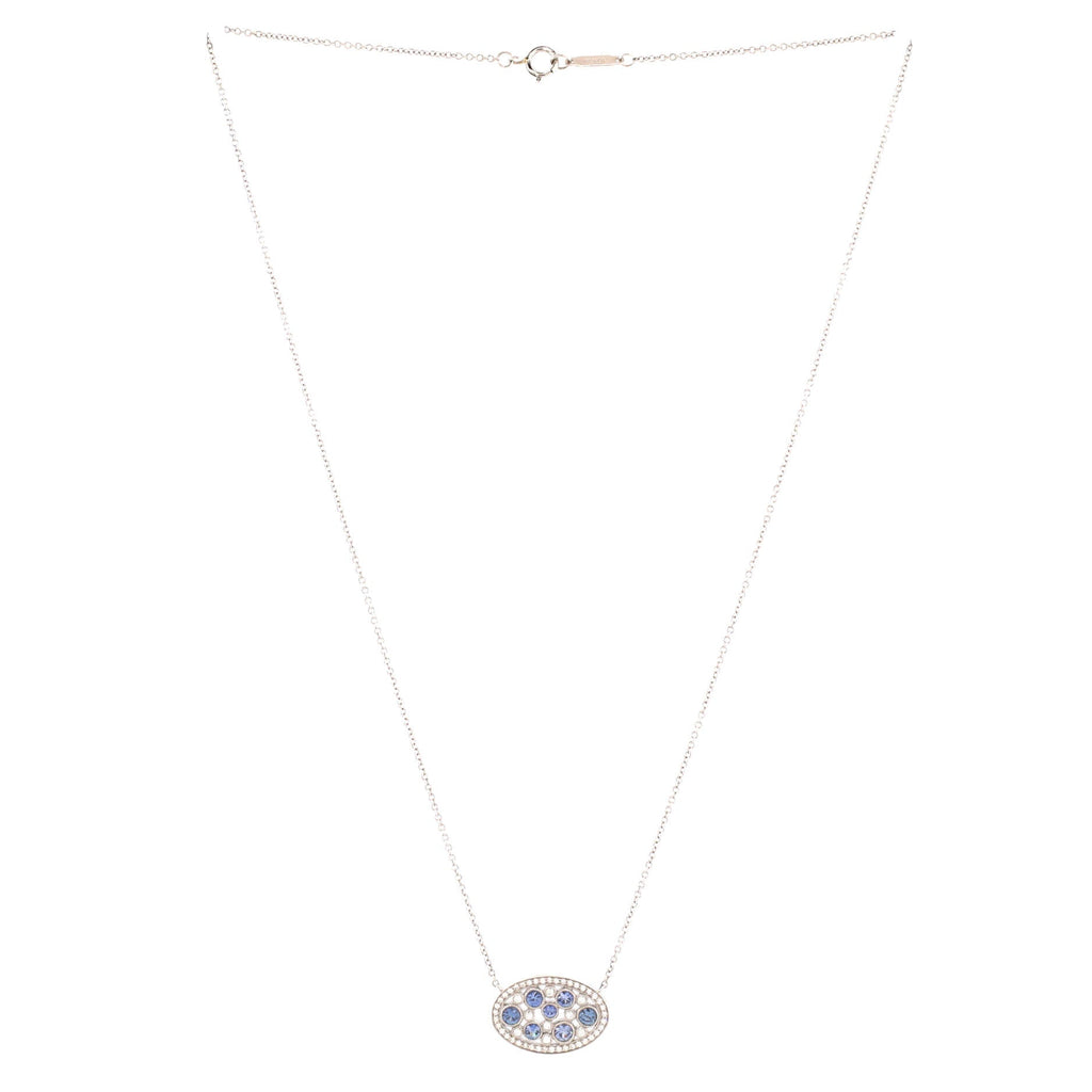 Cobblestone Oval Pendant Necklace Platinum with Diamonds and Blue Sapphires