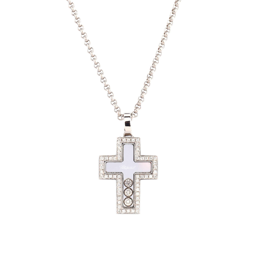 Happy 3 Diamonds Cross Pendant Necklace 18K White Gold with Floating Diamonds and Pave Diamonds