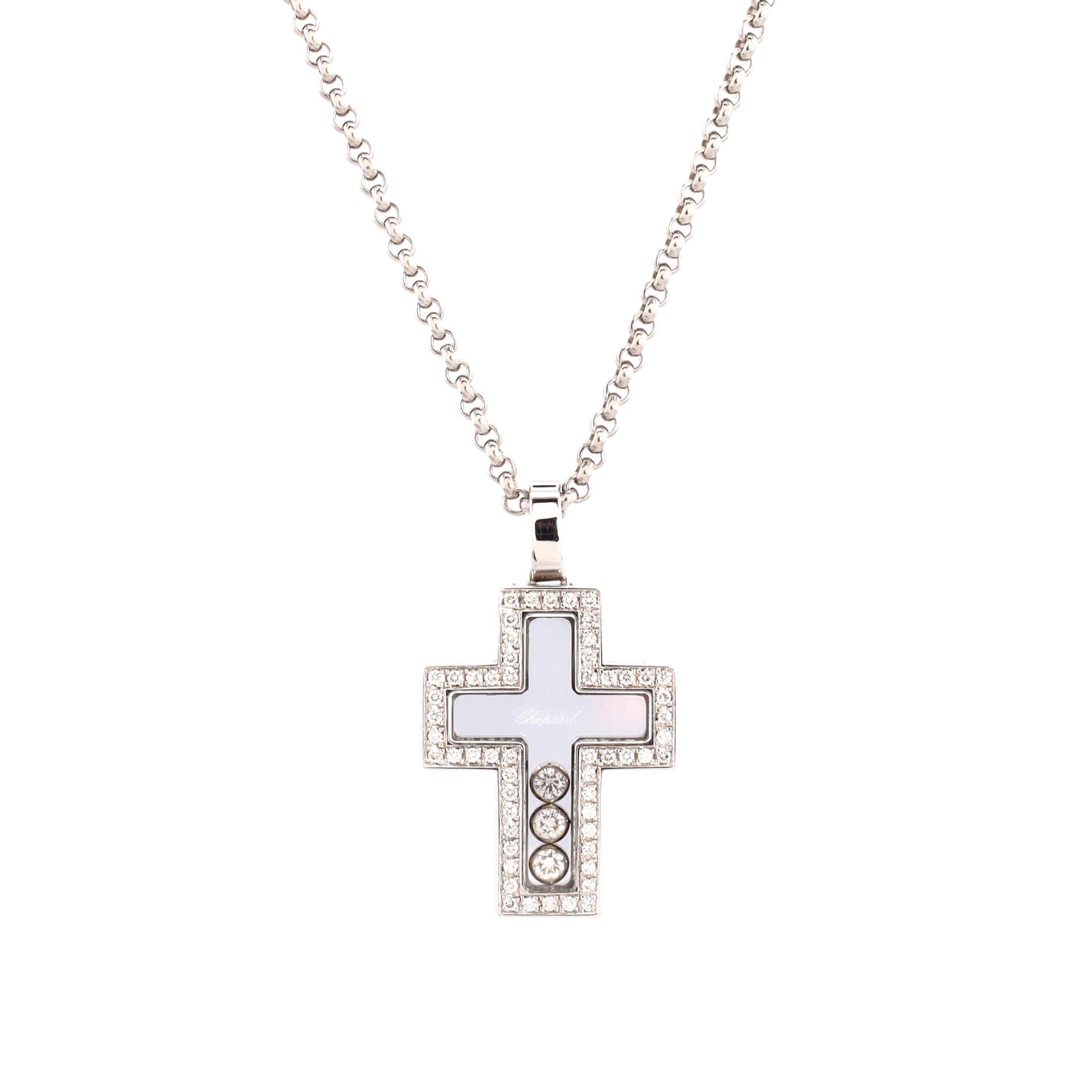 Happy 3 Diamonds Cross Pendant Necklace 18K White Gold with Floating Diamonds and Pave Diamonds